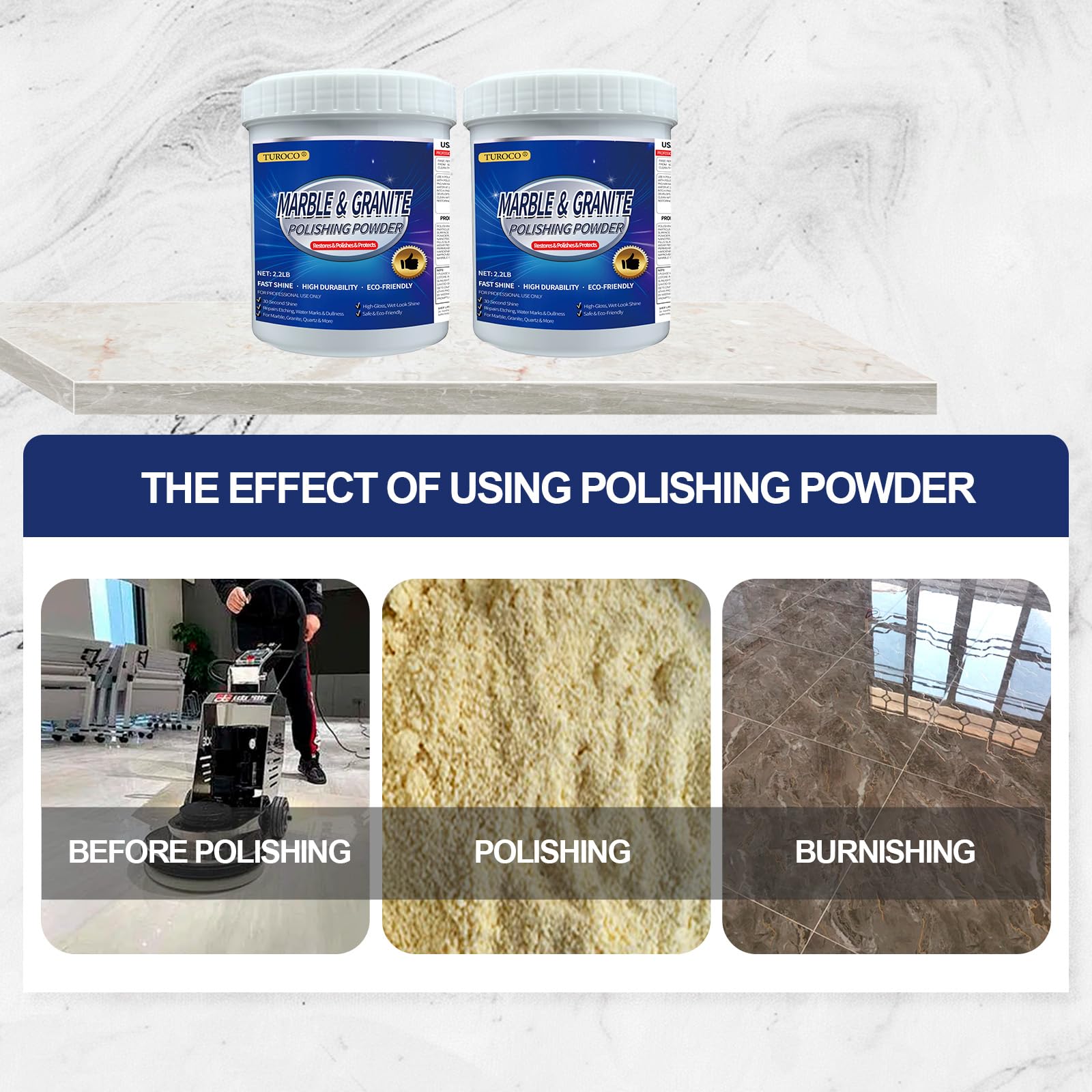 Marble Polishing Treatment Powder 2.2LB - Stone Cleaner & Gloss Enhancer for Marble, Granite & Quartz - Reduces Dullness, Water Spots & Minor