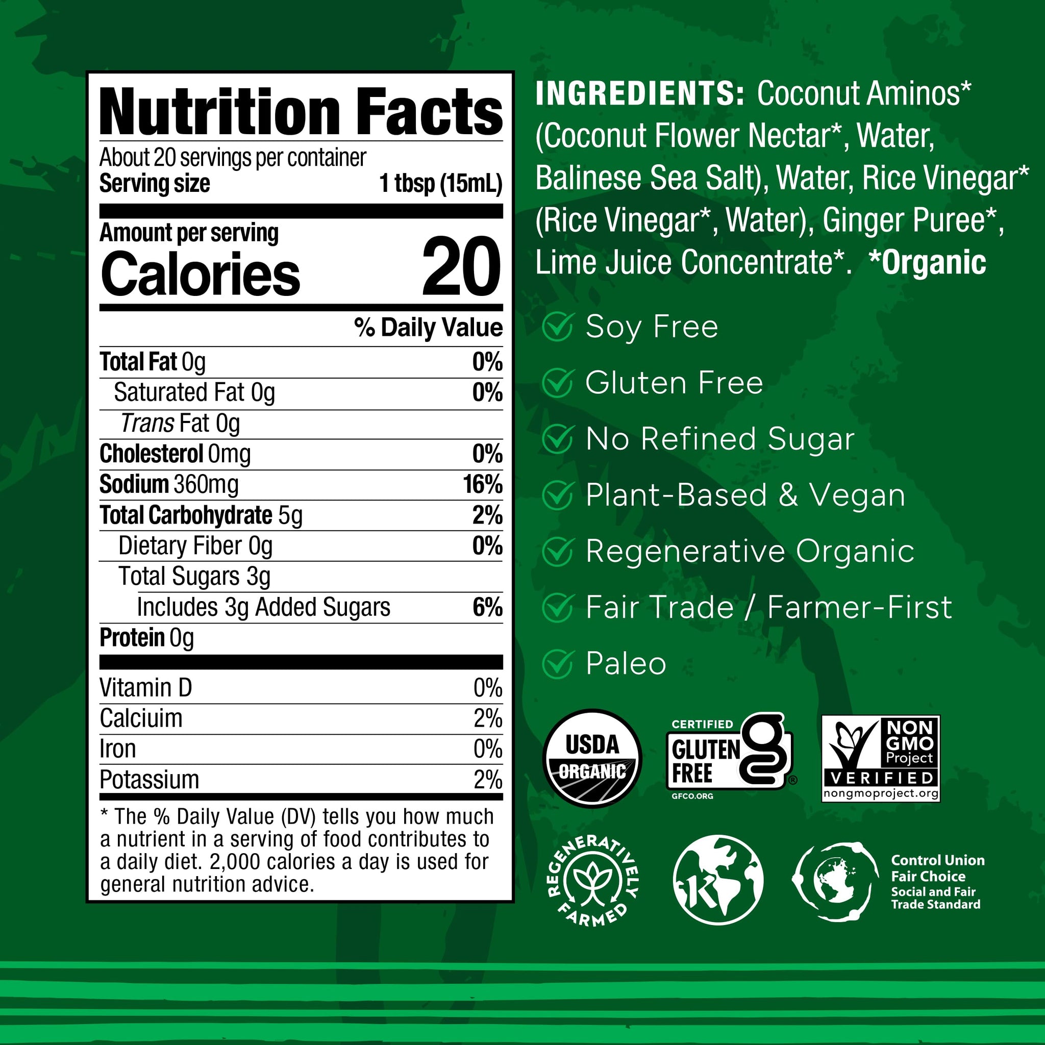 Big Tree Farms Organic Coco Aminos - Liquid Coconut Aminos, Soy-Free Sauce, Low Sodium, Soy Alternative, Gluten Free, Kosher, Marinade & Sauce