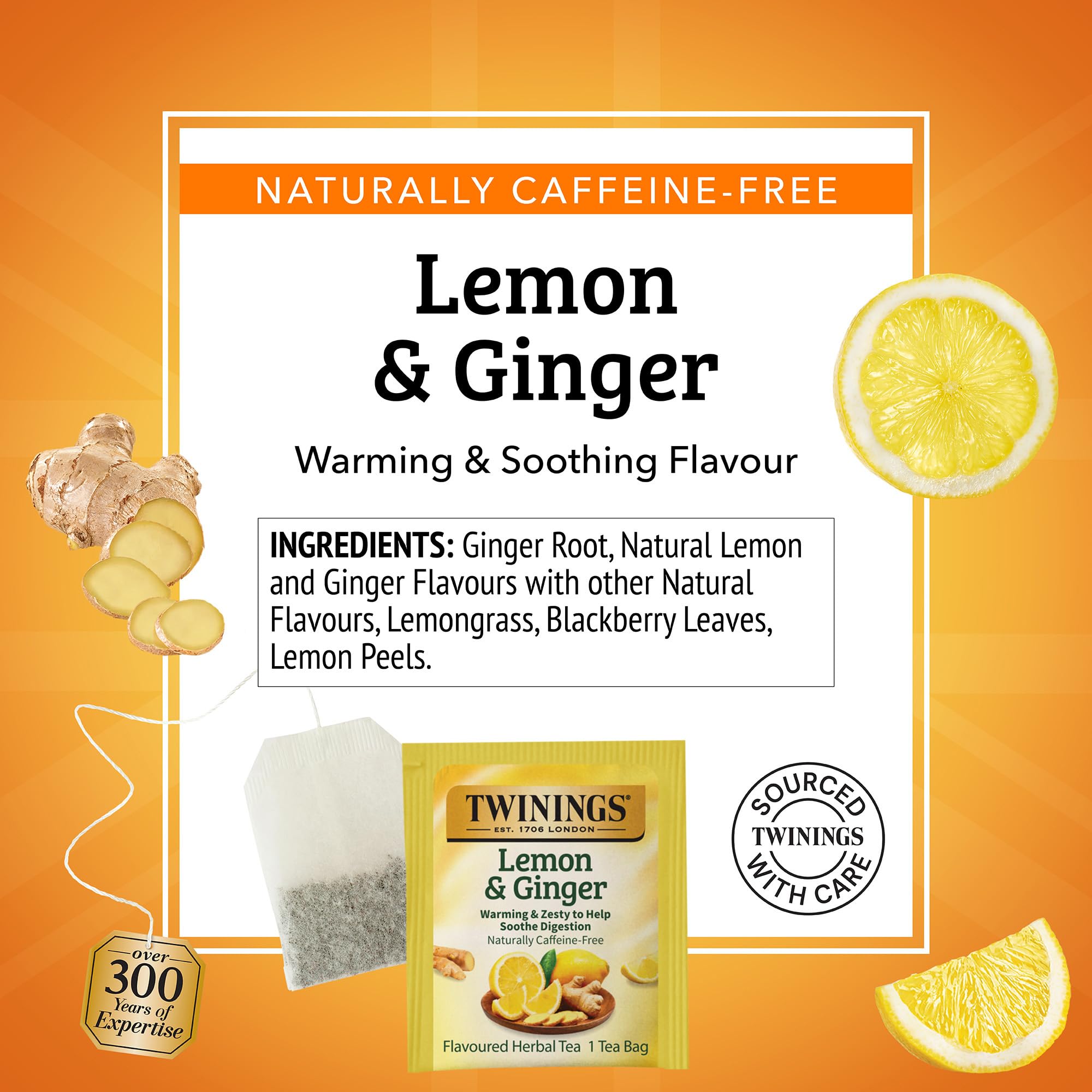 Twinings Lemon & Ginger Herbal Tea Individually Wrapped Bags, 100 Count (Pack of 1), Tangy Lemon, Spicy Ginger, Naturally Caffeine-Free, Enjoy Hot or
