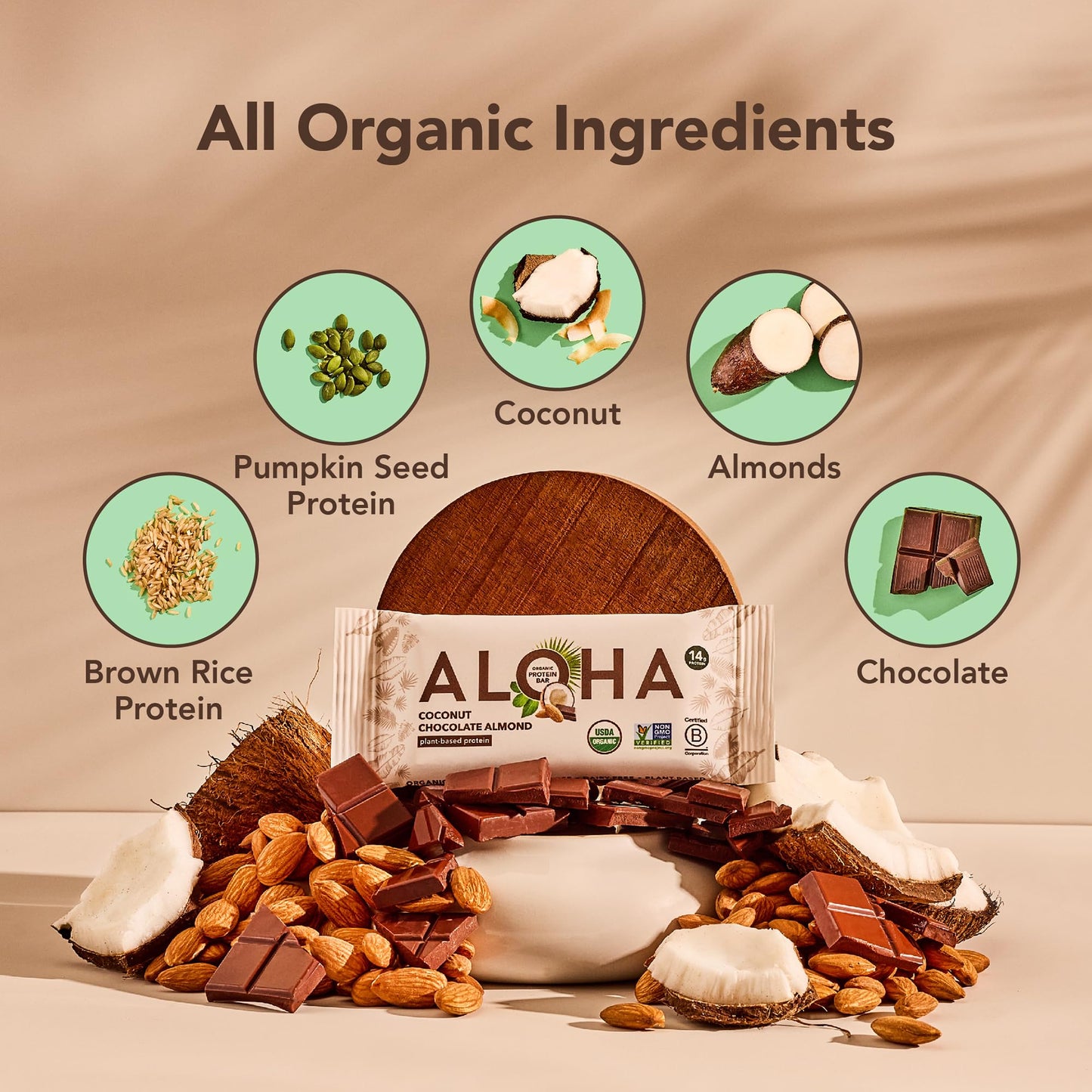ALOHA Organic Plant Based Protein Bars - Chocolate Coconut Almond, Vegan, Low Sugar, Gluten-Free, Low Carb, Non-GMO, No Stevia, No Erythritol - 12