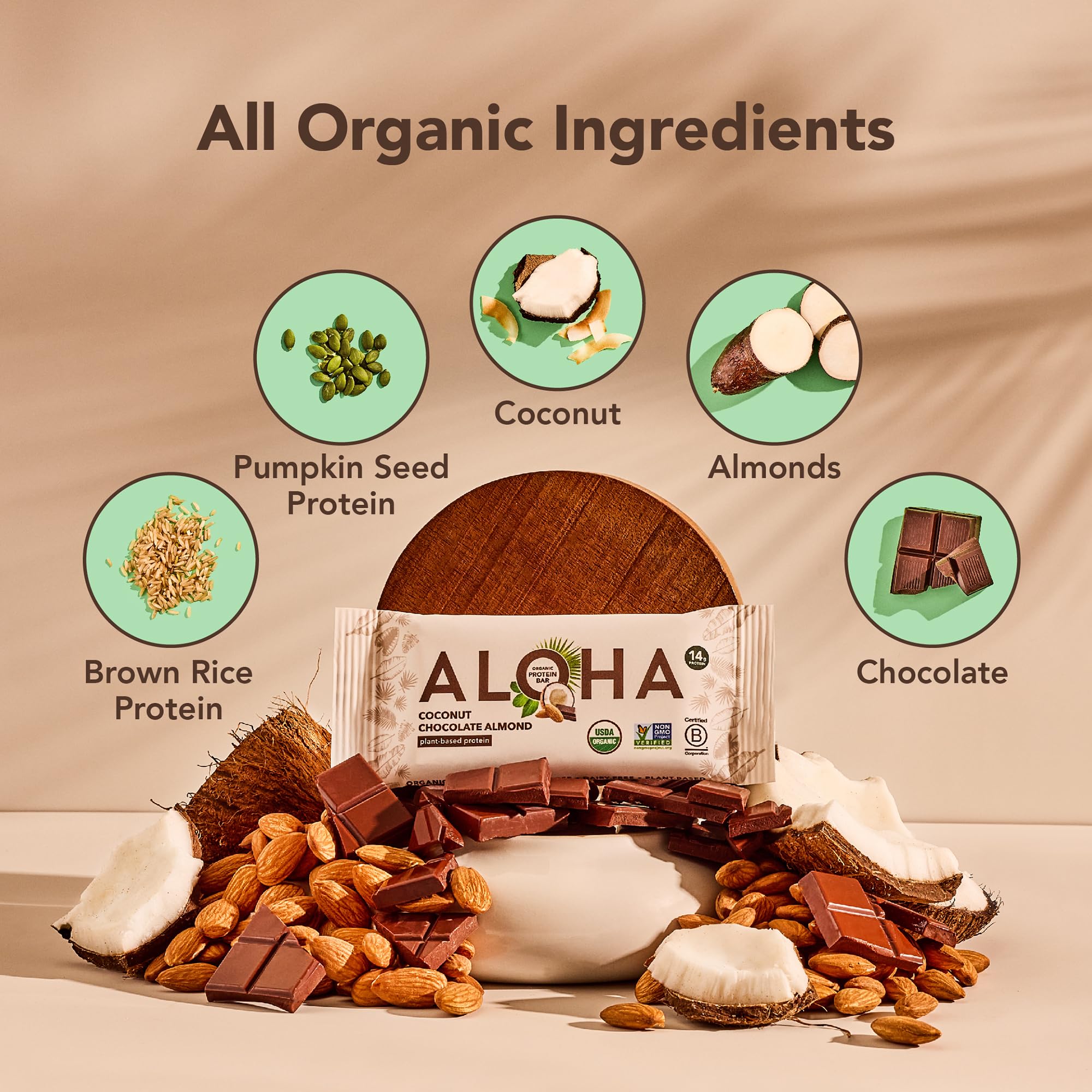 ALOHA Organic Plant Based Protein Bars, Coconut Chocolate Almond, 1.98-Ounce Bars (Pack of 12)