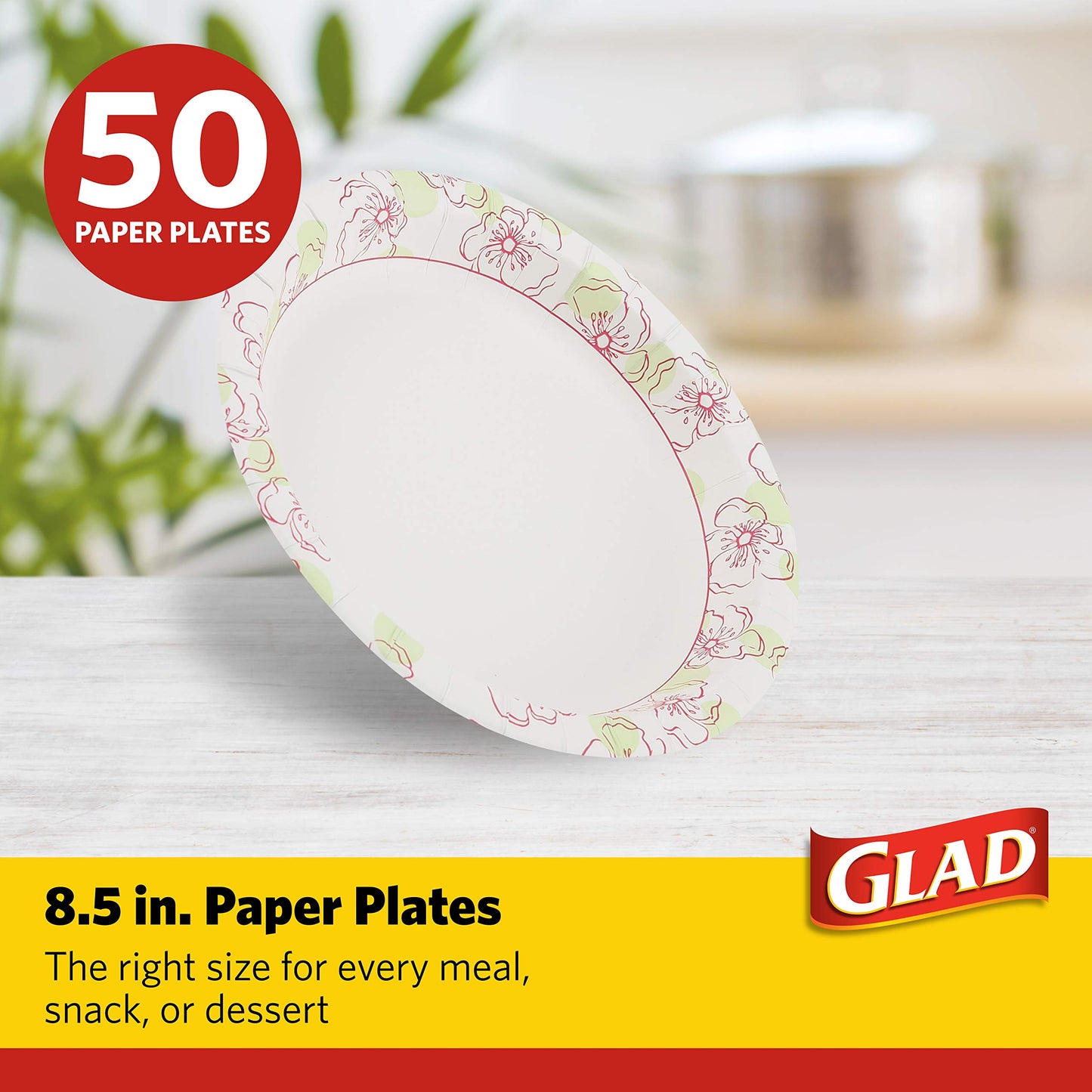Glad Disposable Paper Plates, Pink Floral Pattern, 8.5 Inch Round, Soak Proof Coating, Microwave Safe, Cut Resistant, Sturdy for Dinner, Parties