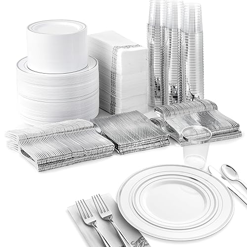 700 Piece Silver Dinnerware Set: 200 Silver-Rim Plastic Plates, 100 Silver Silverware, 100 Plastic Cups, 100 Cloth-Like Napkins, Bulk Wedding Plates