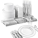 700 Piece Silver Dinnerware Set: 200 Silver-Rim Plastic Plates, 100 Silver Silverware, 100 Plastic Cups, 100 Cloth-Like Napkins, Bulk Wedding Plates