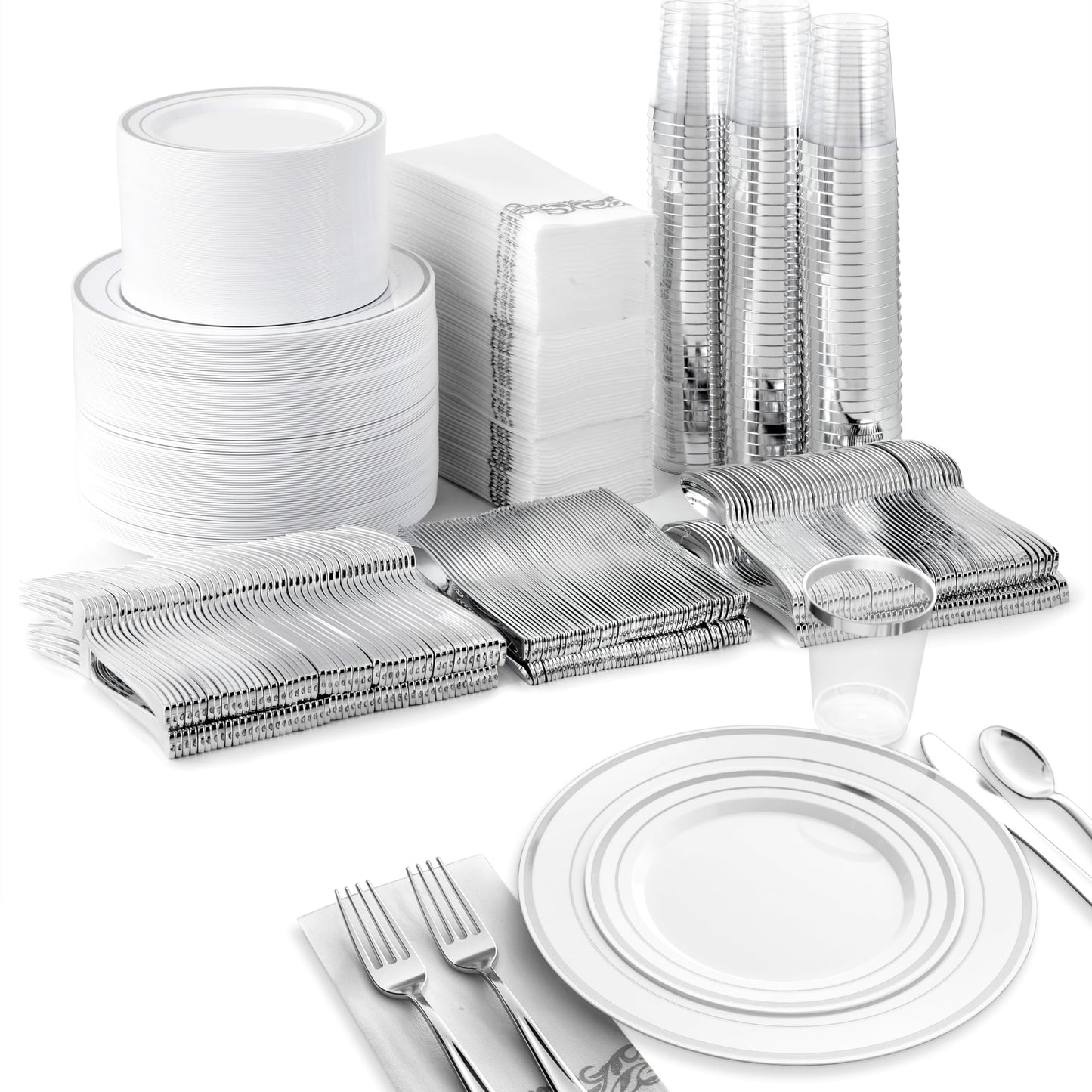 700 Piece Silver Dinnerware Set: 200 Silver-Rim Plastic Plates, 100 Silver Silverware, 100 Plastic Cups, 100 Cloth-Like Napkins, Bulk Wedding Plates