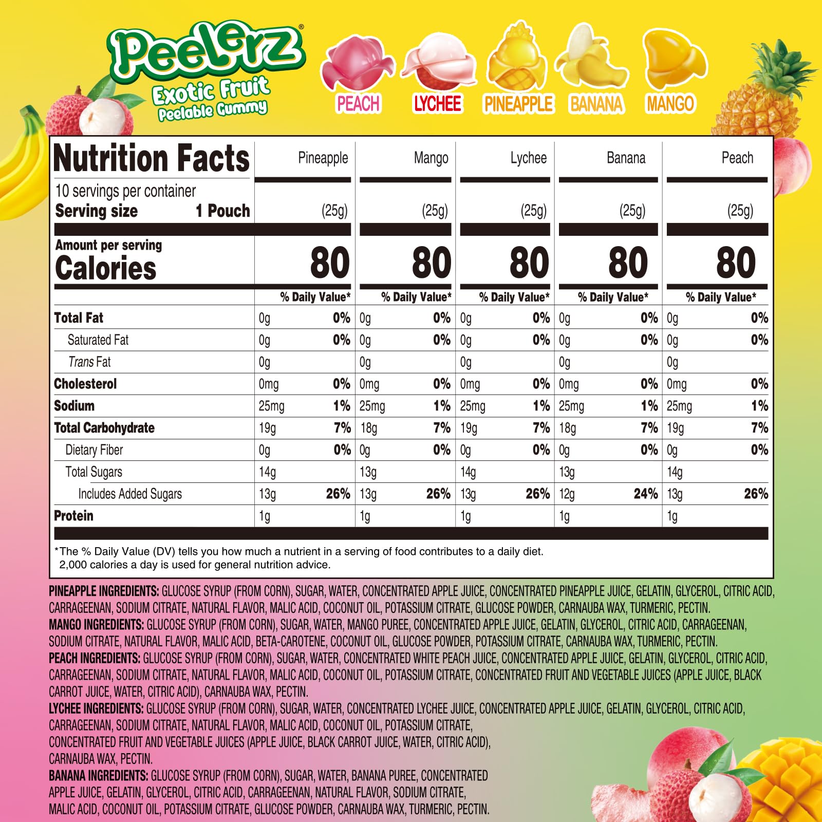 AMOS Peelerz Exotic Fruit Peelable Gummy Candy, 5 Tropical Flavors Mango Peach Banana Pineapple Lychee, Soft Chewy Filled Gummies, Individually
