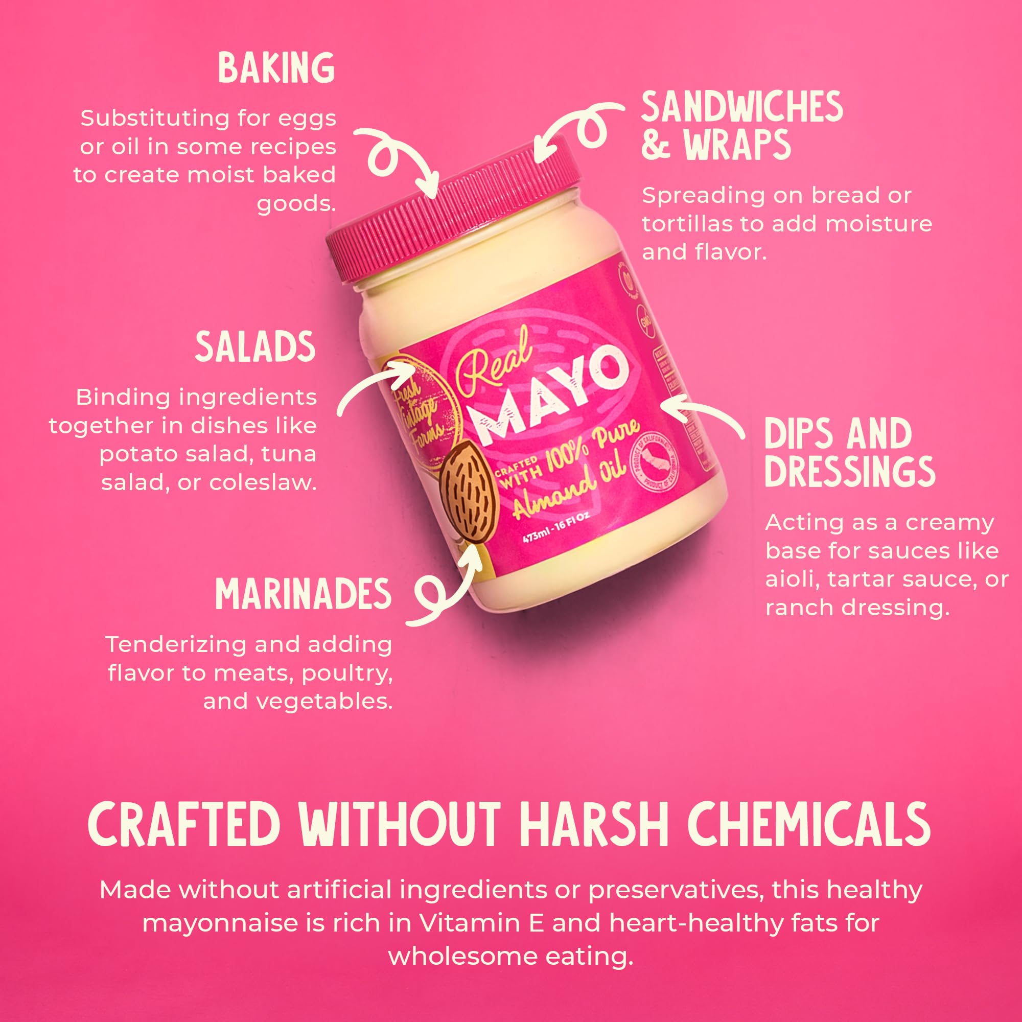 Fresh Vintage Farms Almond Oil Mayonnaise | Expeller-Pressed California Almond Oil Real Mayonnaise | Gluten-Free, Dairy-Free, Keto, Non-GMO Mayo