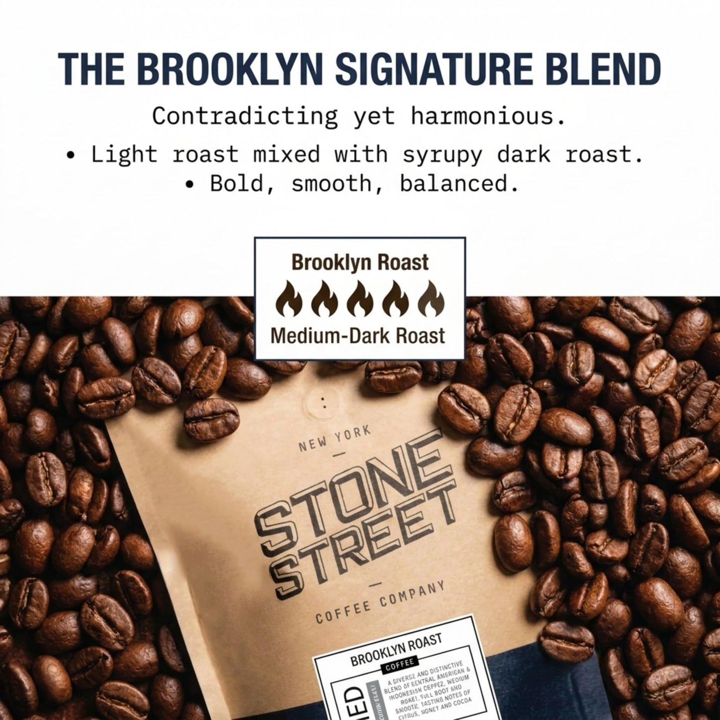 BROOKLYN SIGNATURE BLEND | Whole Bean Coffee | 1 LB Bag | Medium - Dark Roast Level - Bold & Balanced | Premium 100% Arabica Origin