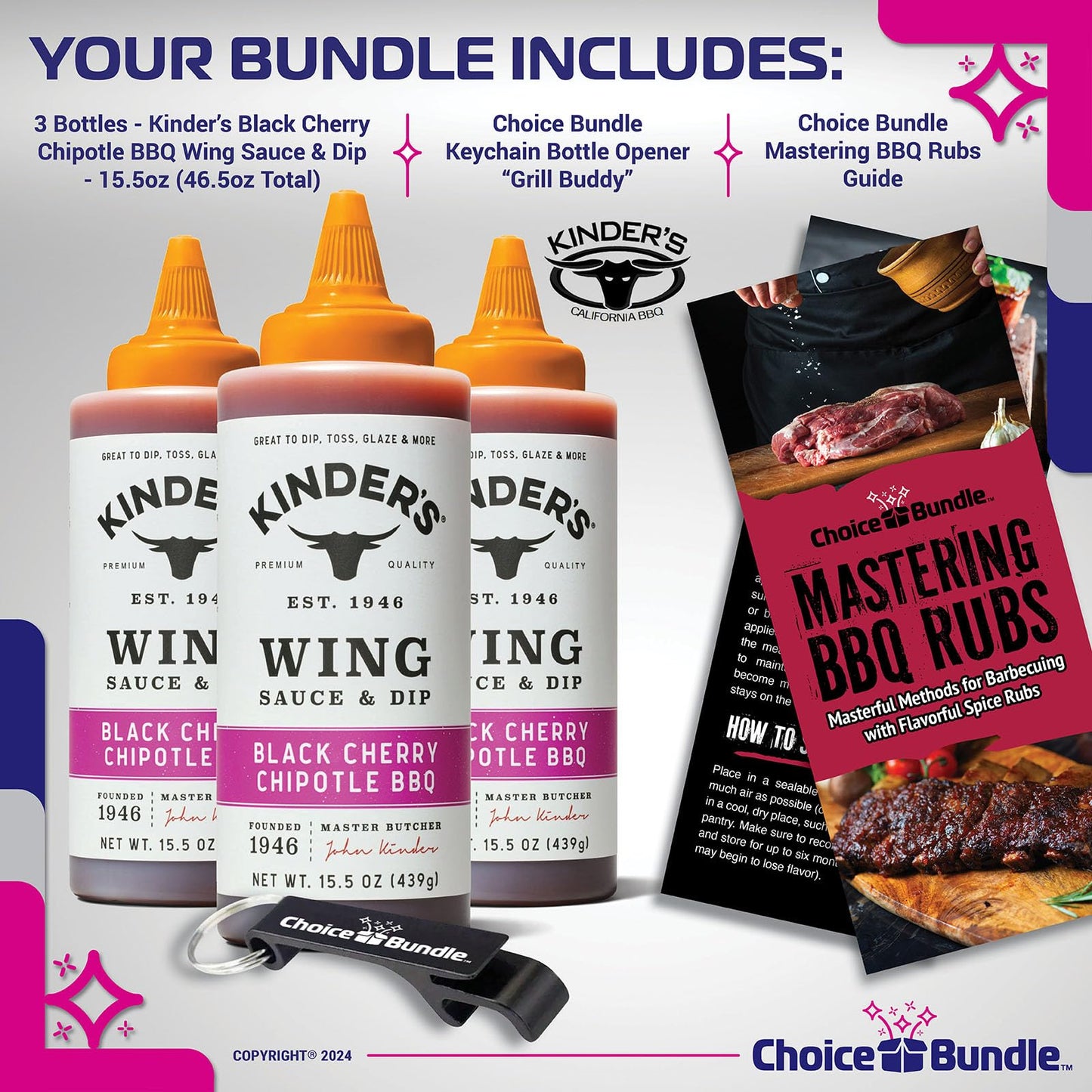 Kinder’s Black Cherry Chipotle BBQ Wing Sauce & Dip 3 Pk (46.5 oz) Great to Dip Toss Glaze & More + Barbecue Masters & Bottle Opener (5 Items)!