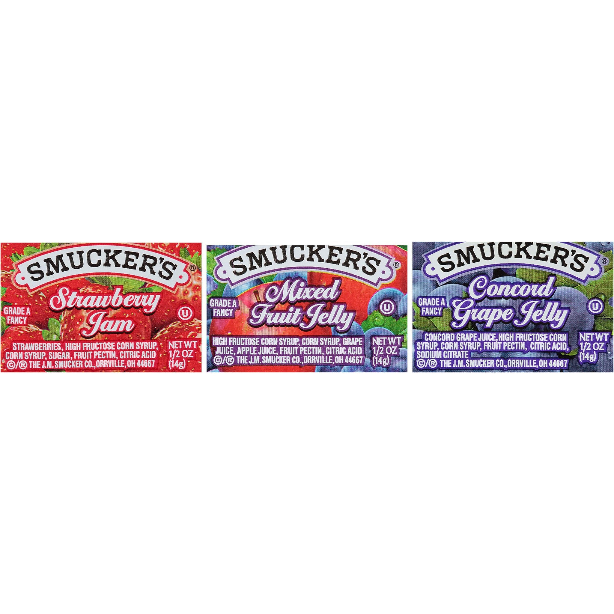 Smucker's Strawberry Jam, Mixed Fruit and Concord Grape Jelly Assortment, 1/2 oz Plastic Portion Control Cup, 200-Count Case