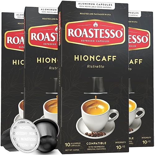 Roastesso Espresso Capsules, Hioncaff, Intensity 10, Compatible with Nespresso Original Machines, High Caffeine, Dark Roast Ristretto, Single Serve
