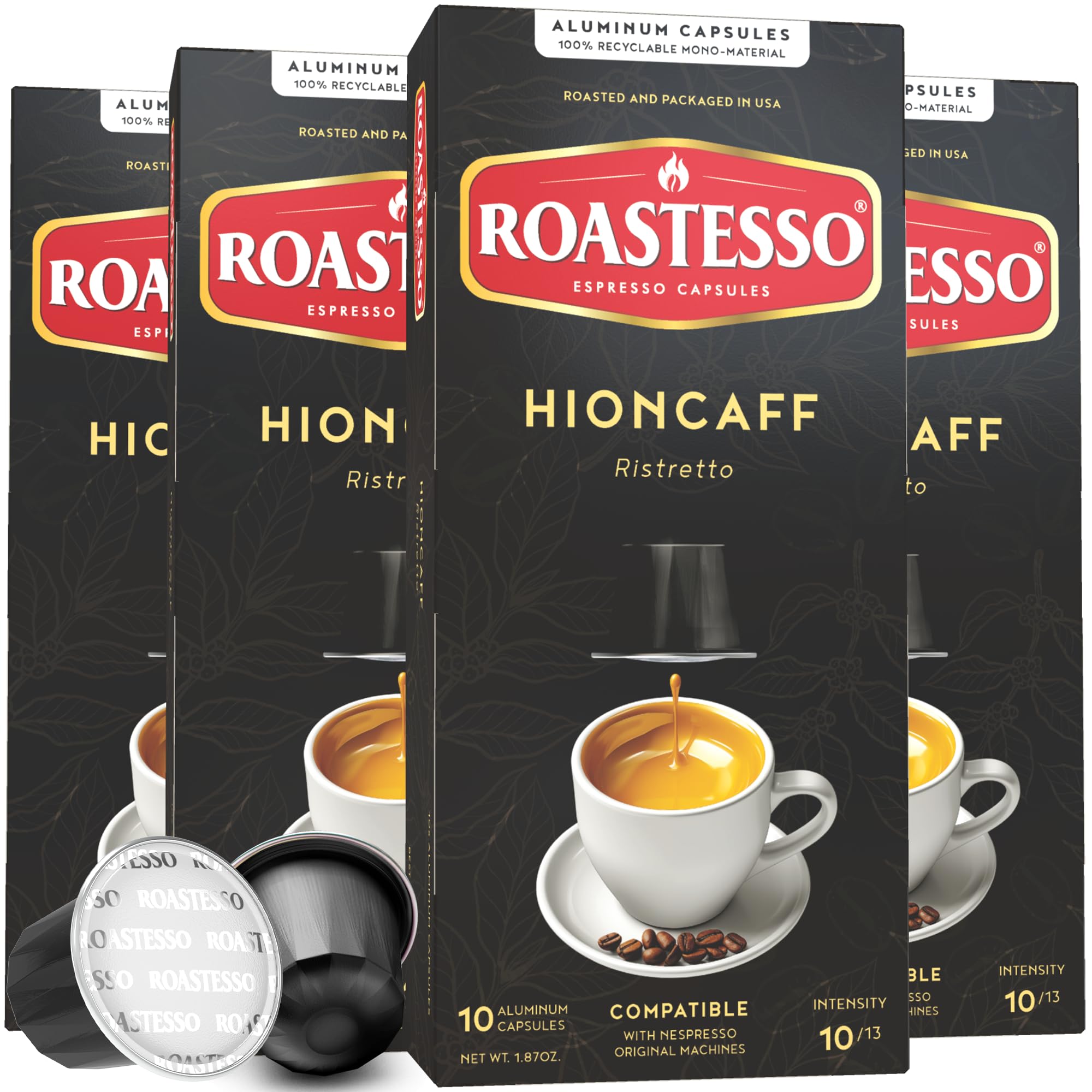 Roastesso Espresso Capsules, Hioncaff, Intensity 10, Compatible with Nespresso Original Machines, High Caffeine, Dark Roast Ristretto, Single Serve