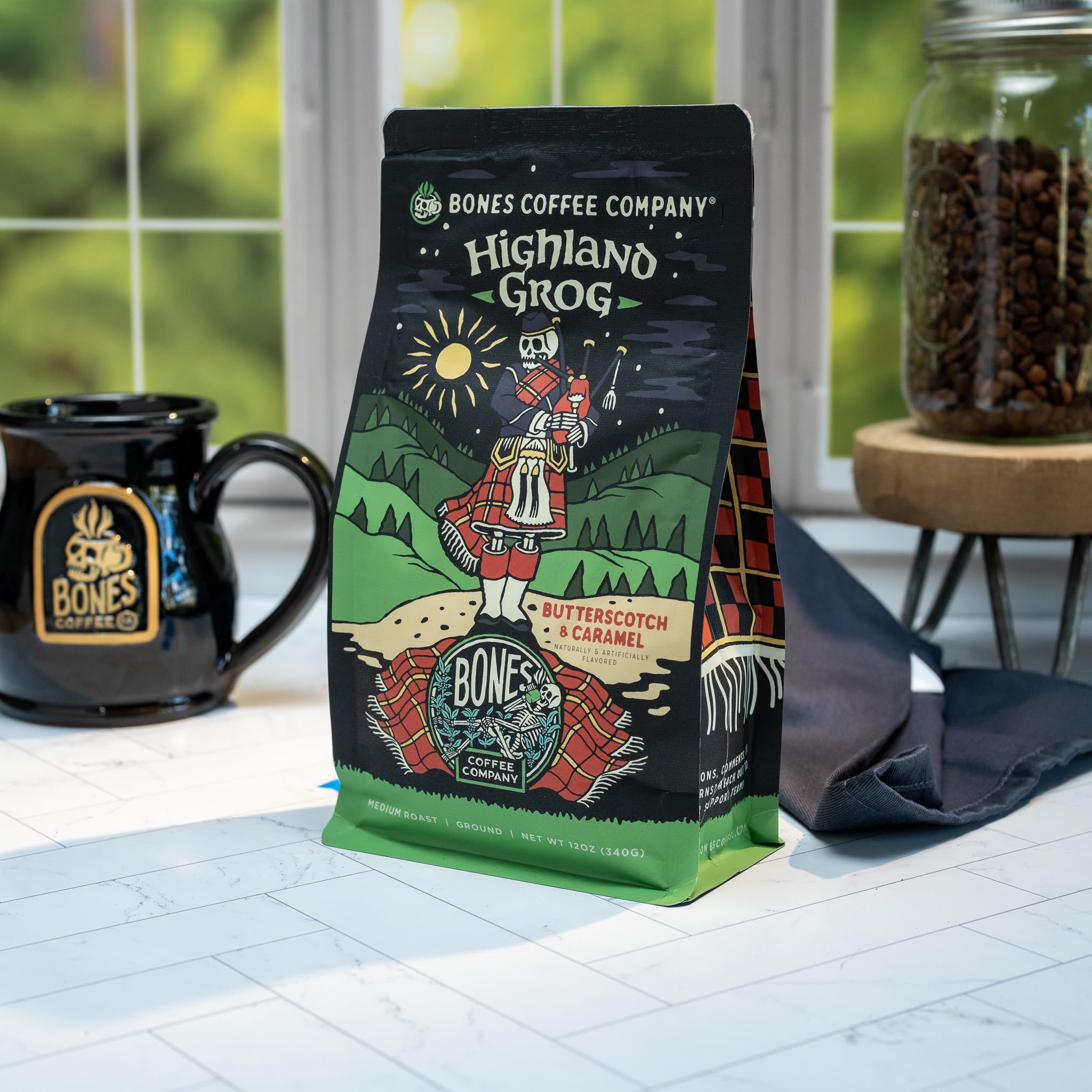 Bones Coffee Company Highland Grog, Butterscotch Caramel Flavored Coffee, Medium Roast Low Acid Arabica Beans Compatible with Auto drip and French