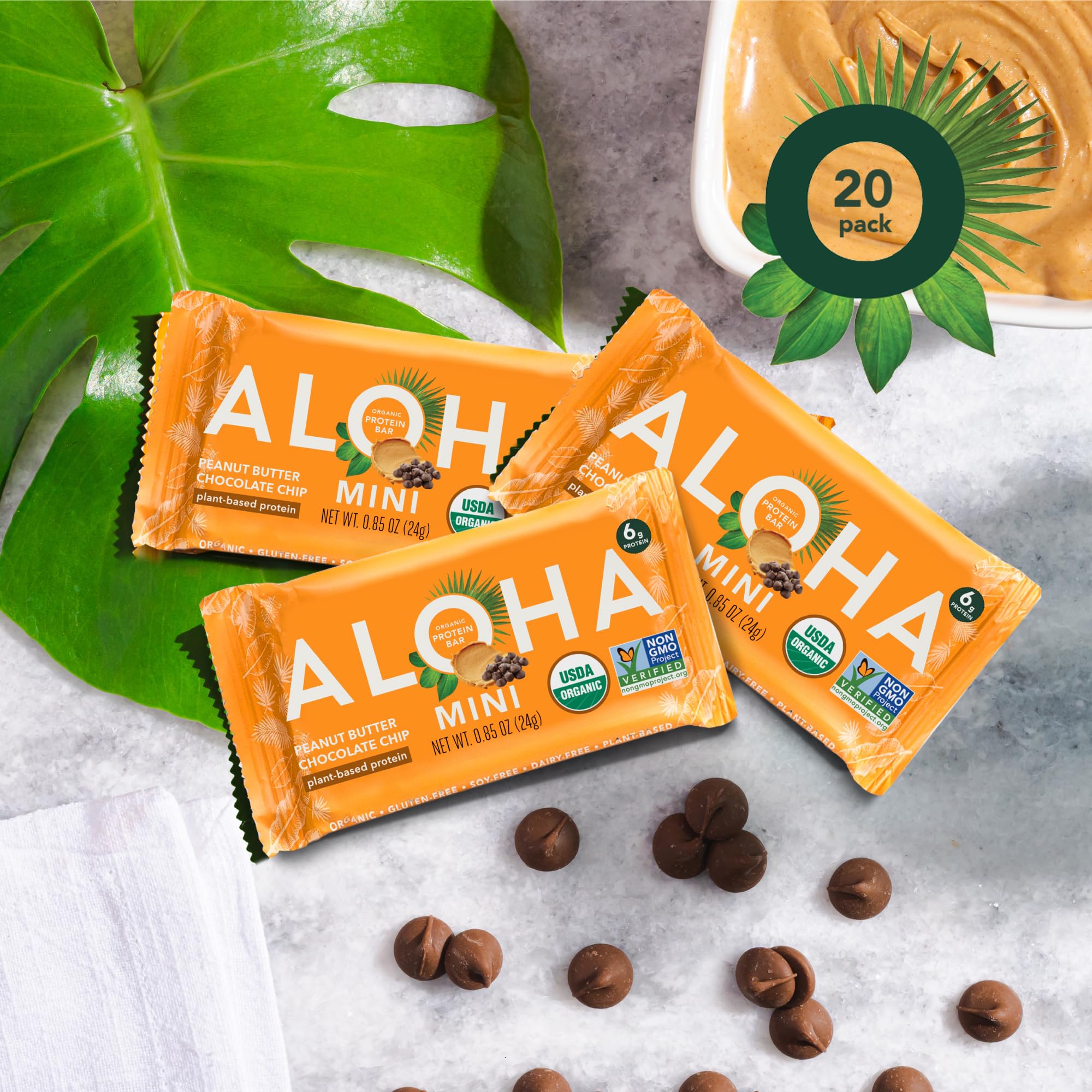 ALOHA Organic Plant Based Protein Bar MINIS |Peanut Butter Chocolate Chip | 20 Count, 24g Bars | Vegan, Low Sugar, Gluten Free, Low Carb, Non-GMO