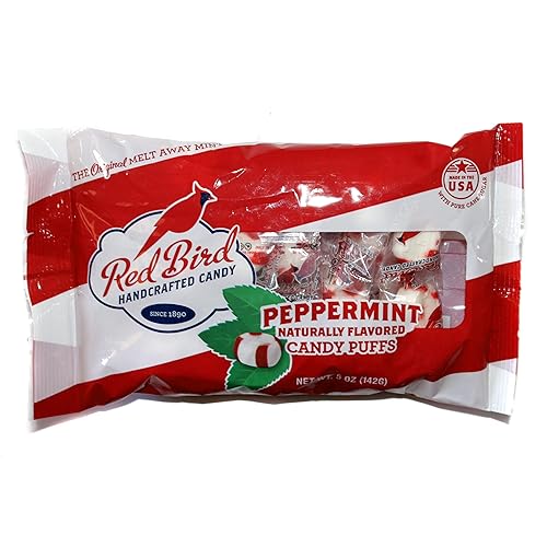 Red Bird (1) Bag Peppermint Candy Puffs - The Original Melt Away Mint - Naturally Flavored Handcrafted Candy Made with Pure Cane Sugar - Fat Free
