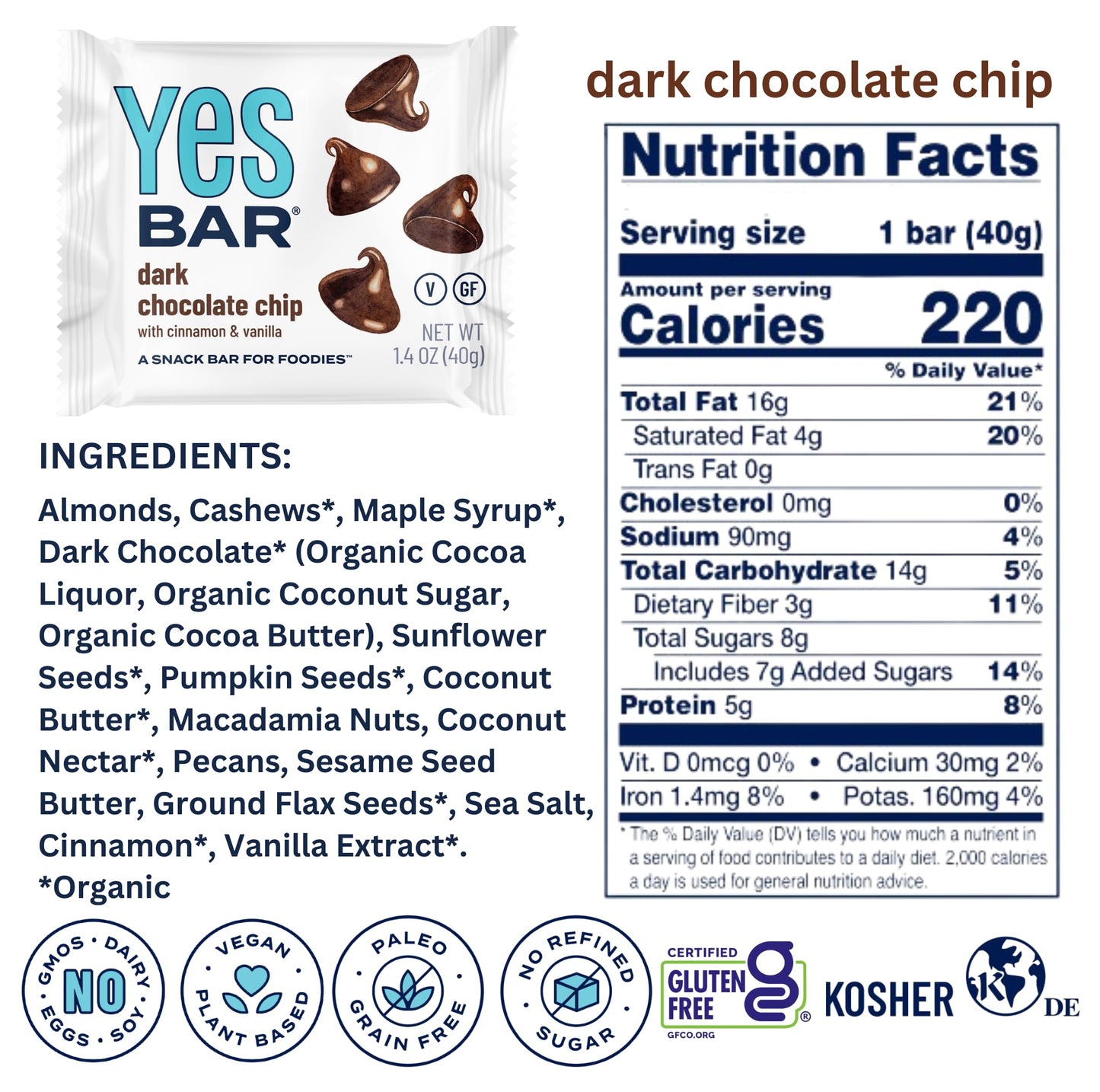 The YES Bar - Dark Chocolate Chip - Plant Based Protein, Decadent Snack Bar - Vegan, Paleo, Gluten Free, Dairy Free, Low Sugar, Healthy Snack