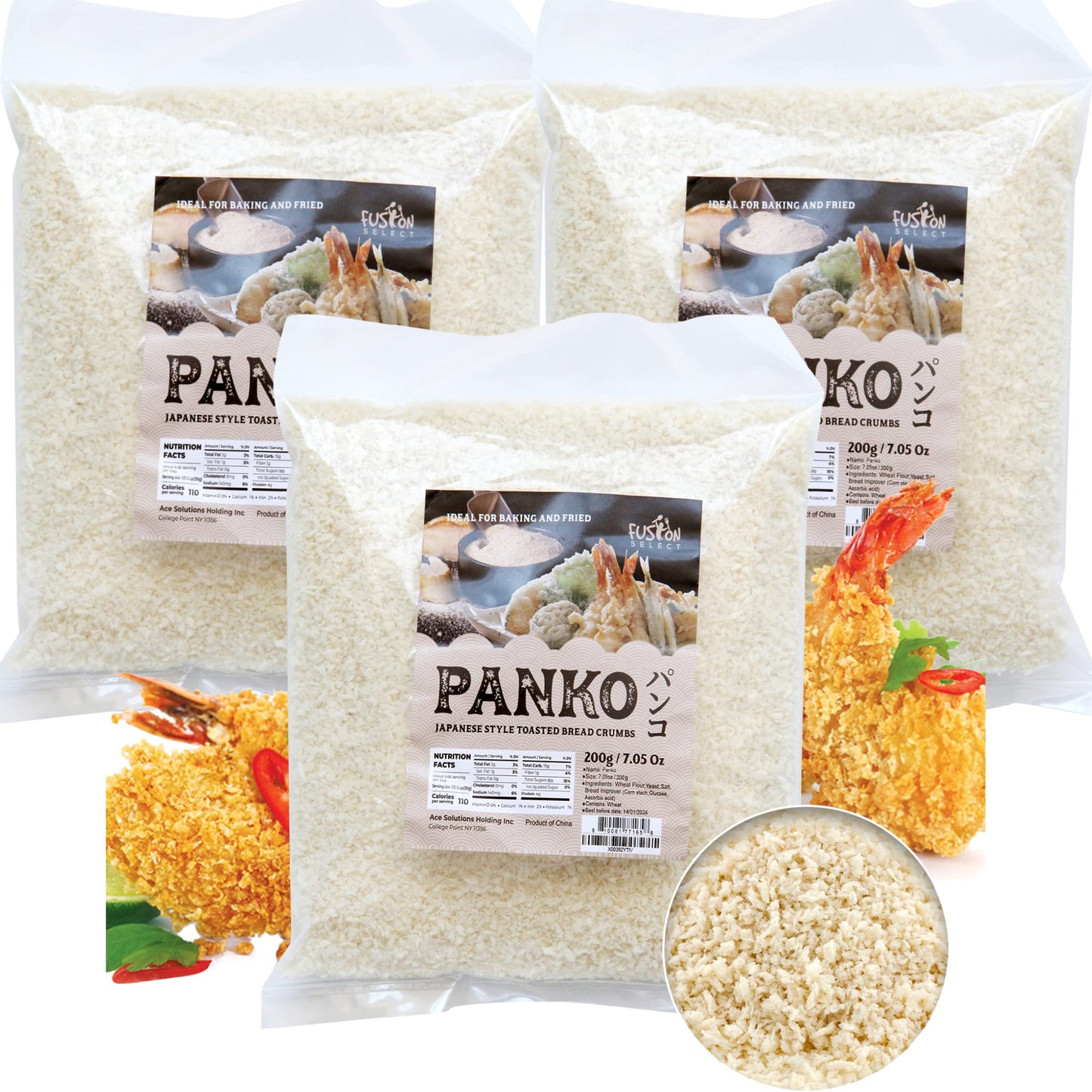 Fusion Select 3 Packs Panko Bread Crumbs - Japanese-Style Toasted Vegan Panko Breadcrumbs for Breading, Frying, Baking - For Fried Chicken & Pork, Baked Pasta, Roasted Vegetables, Tonkatsu