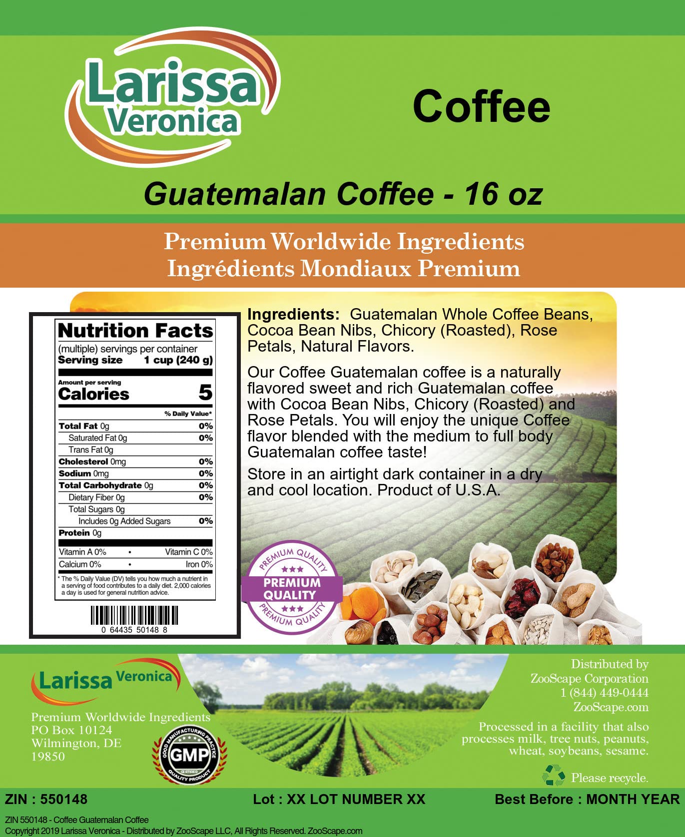 Coffee Guatemalan Coffee (Gourmet, Naturally Flavored, Whole Coffee Beans) (16 oz, ZIN: 550148)