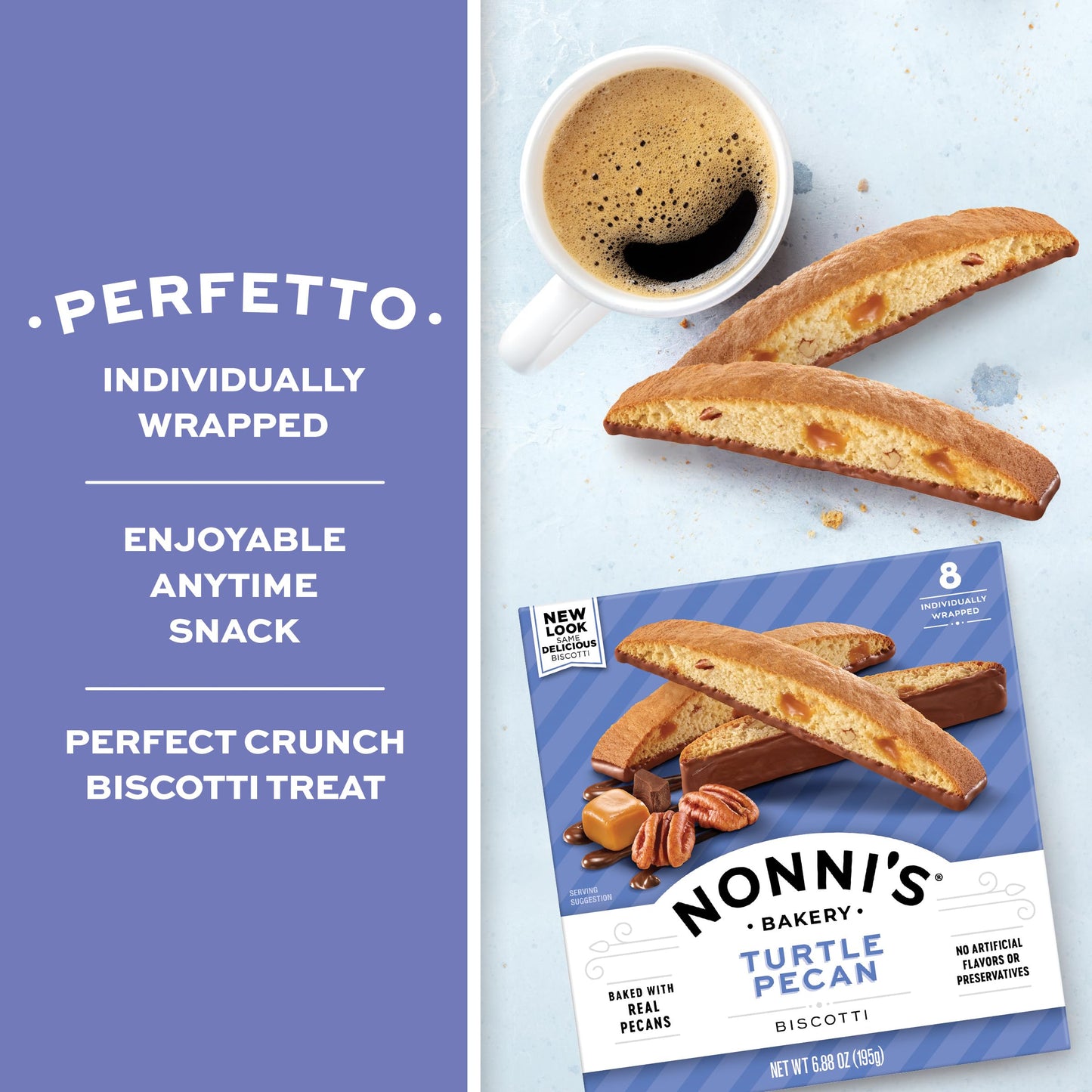 Nonni's Turtle Pecan Biscotti, Individually Wrapped Italian Cookie Snacks, 8 Servings (Pack of 1)