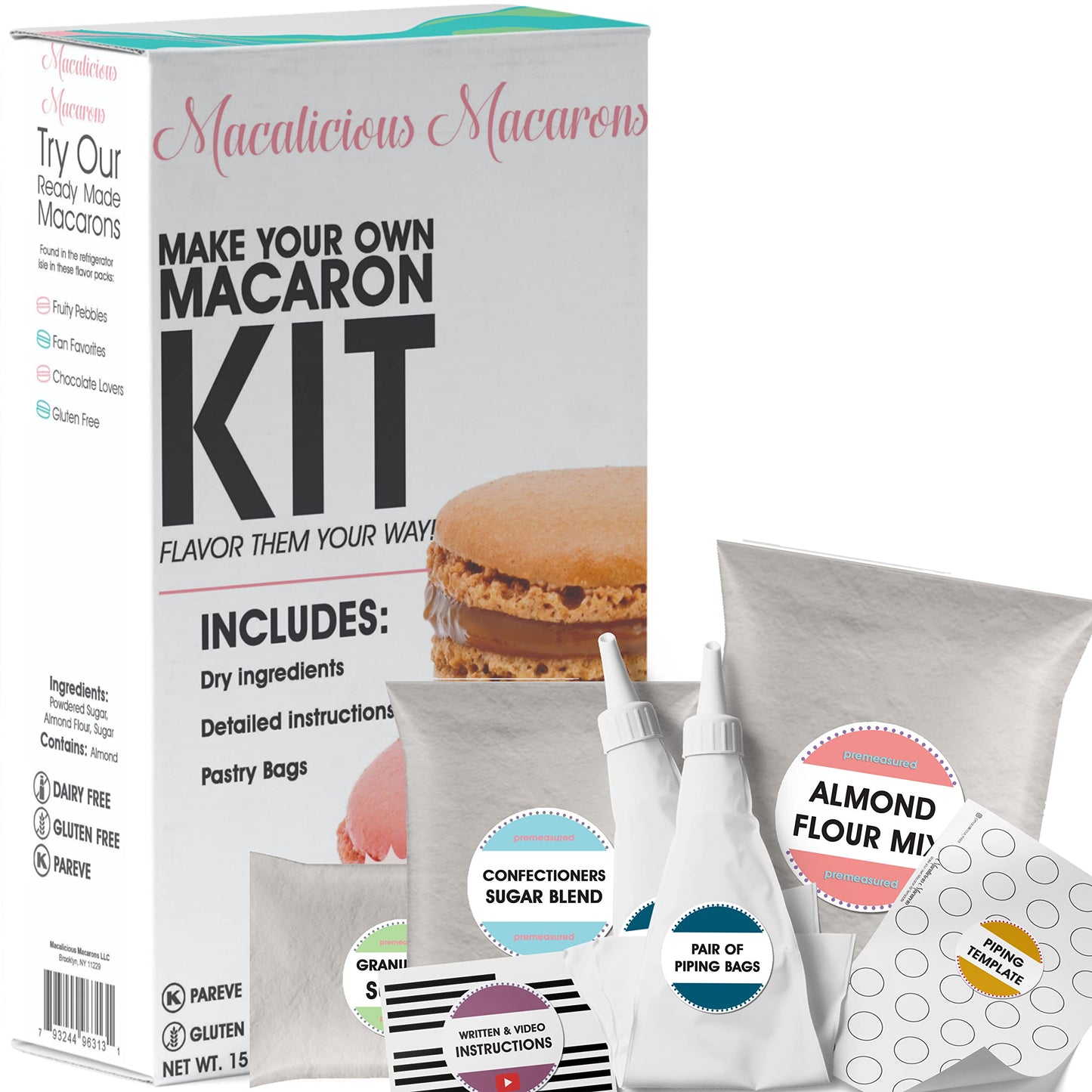 Macalicious Macaron Baking Mix - DIY Bake Your Own French Macarons Kit -Includes All Dry Ingredients, Pastry Bags with Piping Tip, Template, and Detailed Instructions - Great activity for Kids & Adults