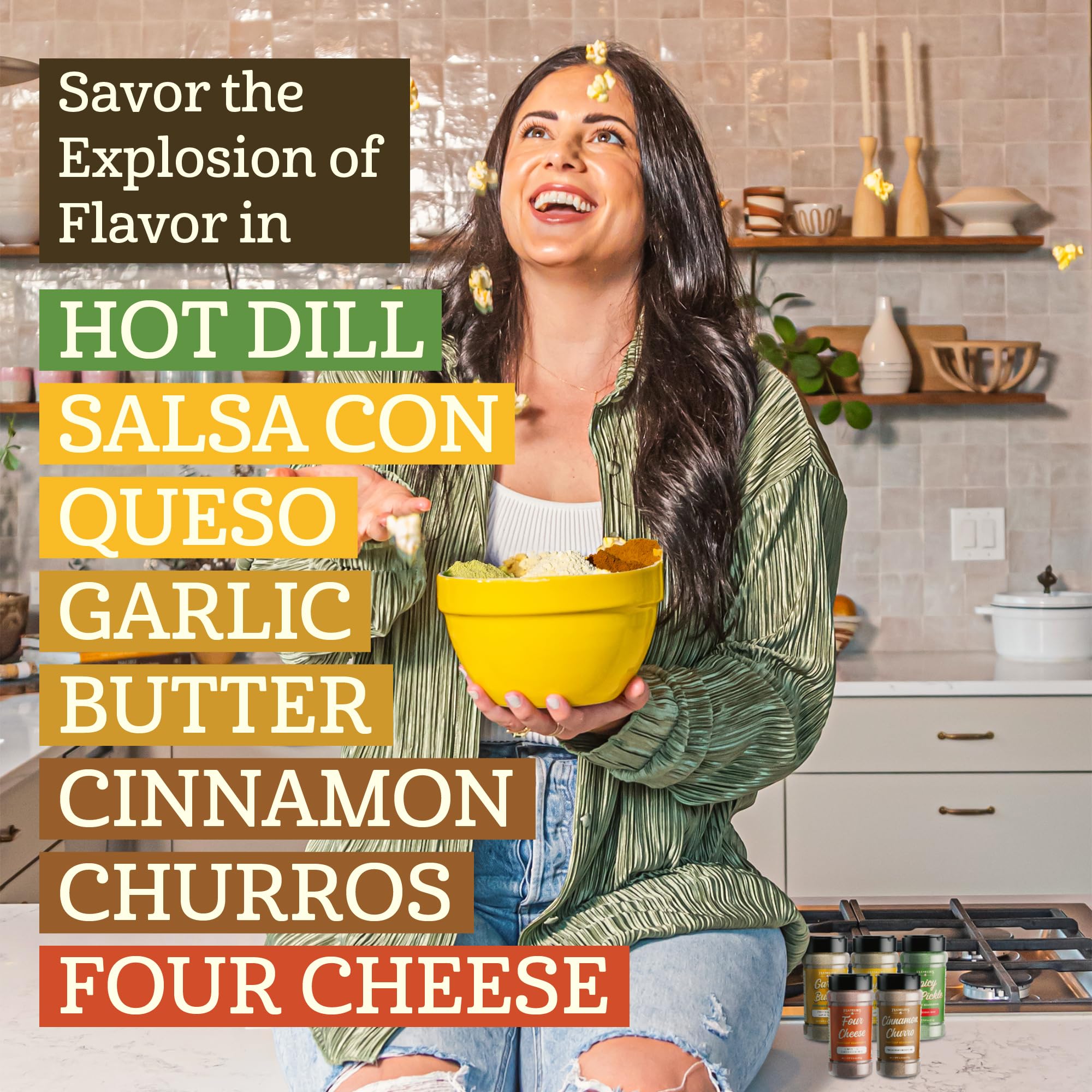 Franklin's Gourmet Popcorn Seasoning Powder Variety Pack in 5 Flavors - Made in USA - Dill, Garlic, Cheese & Cinnamon Popcorn Flavoring Seasoning Set