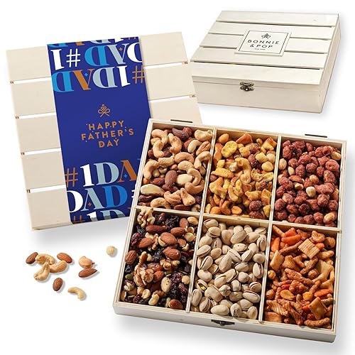 Fathers Day Gift Basket, Nut Gift Basket in Reusable Wooden Crate, Healthy Gift Option, Gourmet Snack Food Box, with Unique Flavors, Great for Dad
