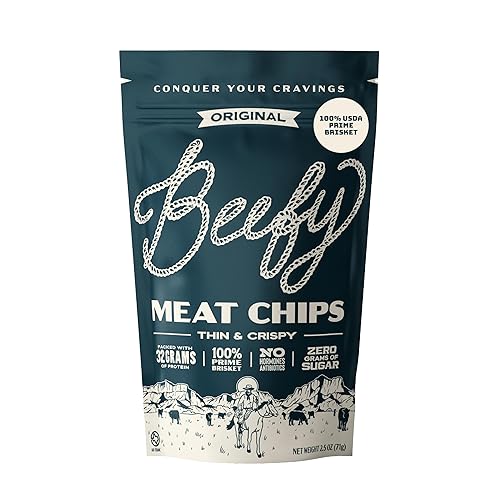 Beefy Meat Chips Original Flavor | 13g Protein Per Serving, Only 2 Ingredients, Prime Brisket Jerky Chips with Real Salt | High Protein Zero Sugar
