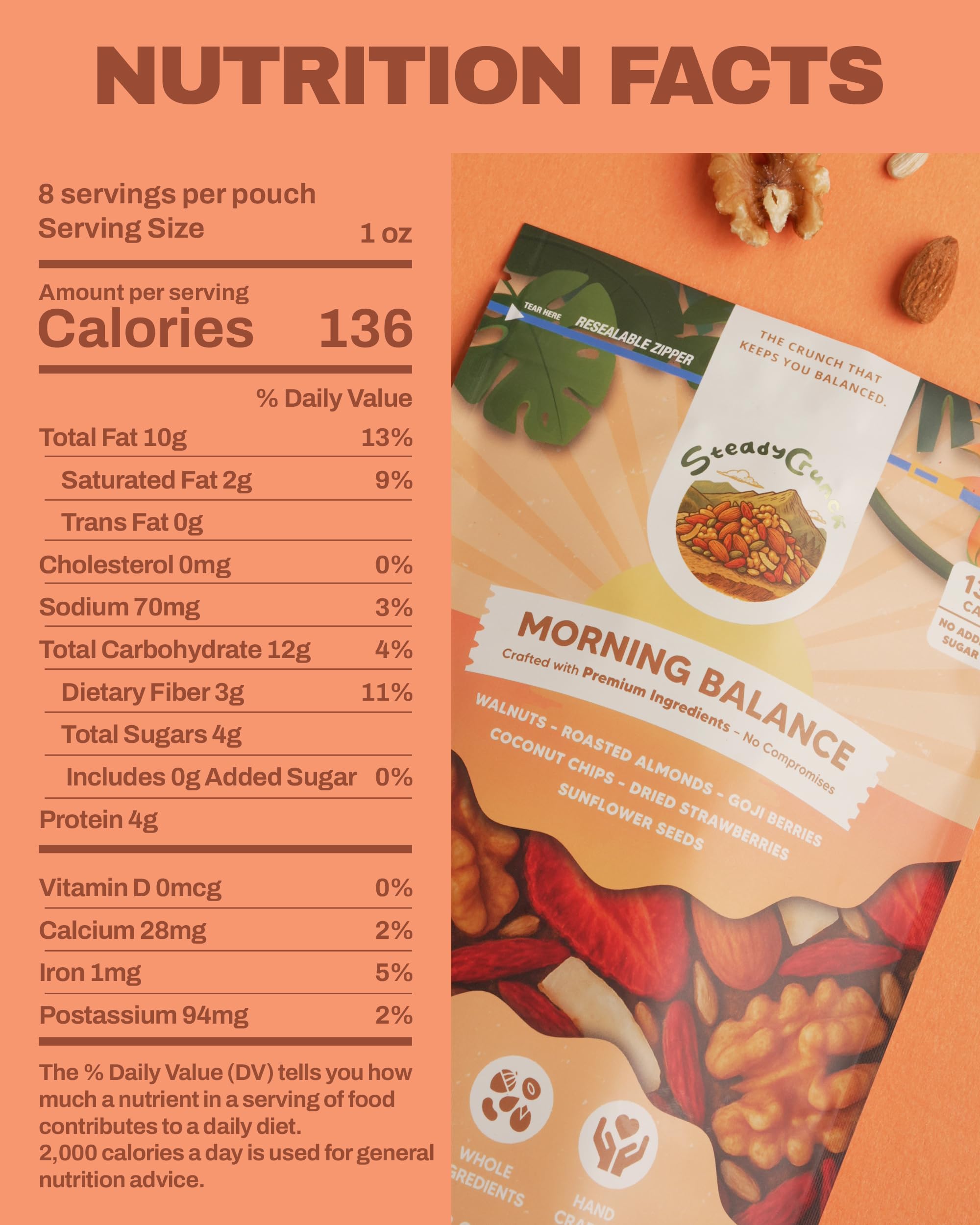 SteadyCrunch Morning Balance Trail Mix - Non-GMO & Vegan Healthy Fruit Snacks - Walnuts, Roasted Almonds, Strawberry & Goji Berry Snack Packs