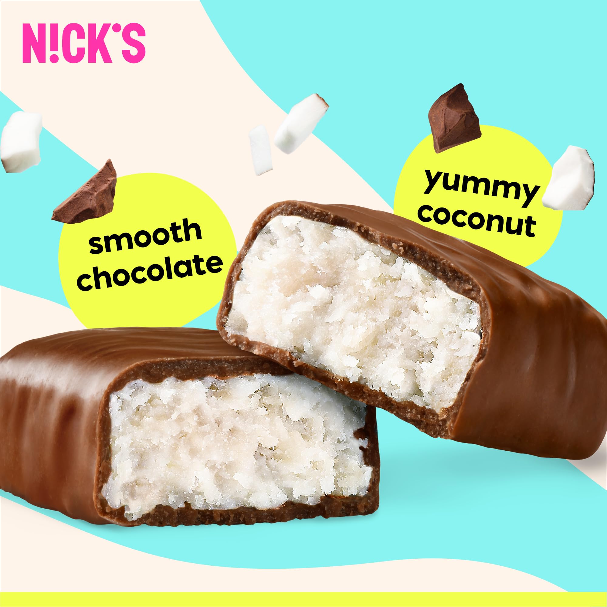 N!CK'S Keto Chocolate Mini Candy Bars - Coconut, No Added Sugar, Low Carb Snack, 140 Calories, Gluten-Free Sweets 18-Pack (15g Each)