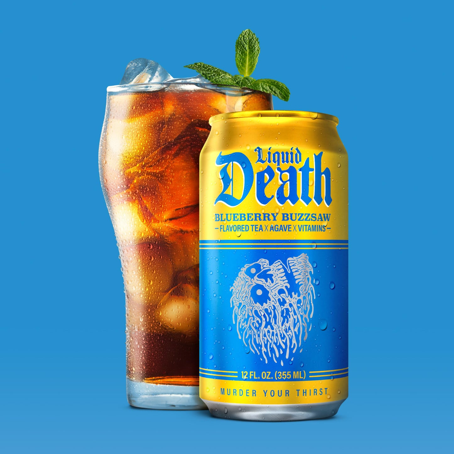 Liquid Death Iced Tea - Blueberry Buzzsaw (Blueberry-Flavored Black Tea), Less Sugar*, Boost of Caffeine, B Vitamins, No Artificial Sweeteners, 12 Fl
