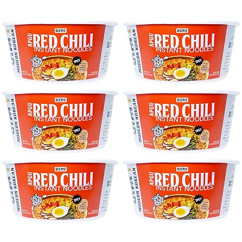 BIAS Apgu Red Chili Instant Noodles - Spicy Korean Ramen with Premium Toppings, Vegan, Air-Dried, Low Calorie (320 Cal) - 6 Pack