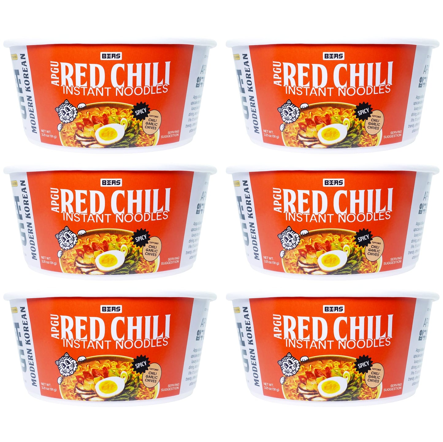 BIAS Apgu Red Chili Instant Noodles - Spicy Korean Ramen with Premium Toppings, Vegan, Air-Dried, Low Calorie (320 Cal) - 6 Pack