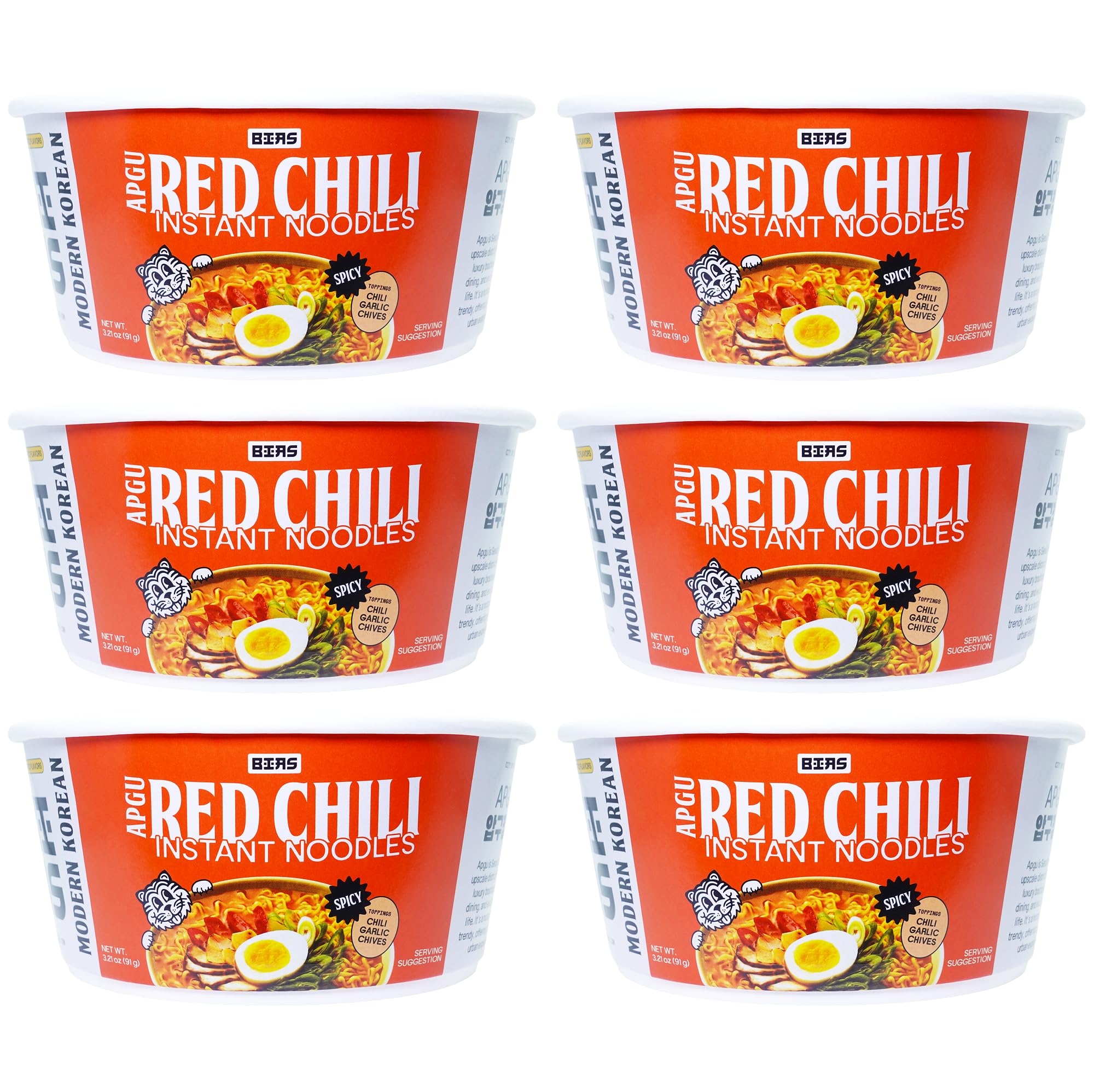 BIAS Apgu Red Chili Instant Noodles - Spicy Korean Ramen with Premium Toppings, Vegan, Air-Dried, Low Calorie (320 Cal) - 6 Pack