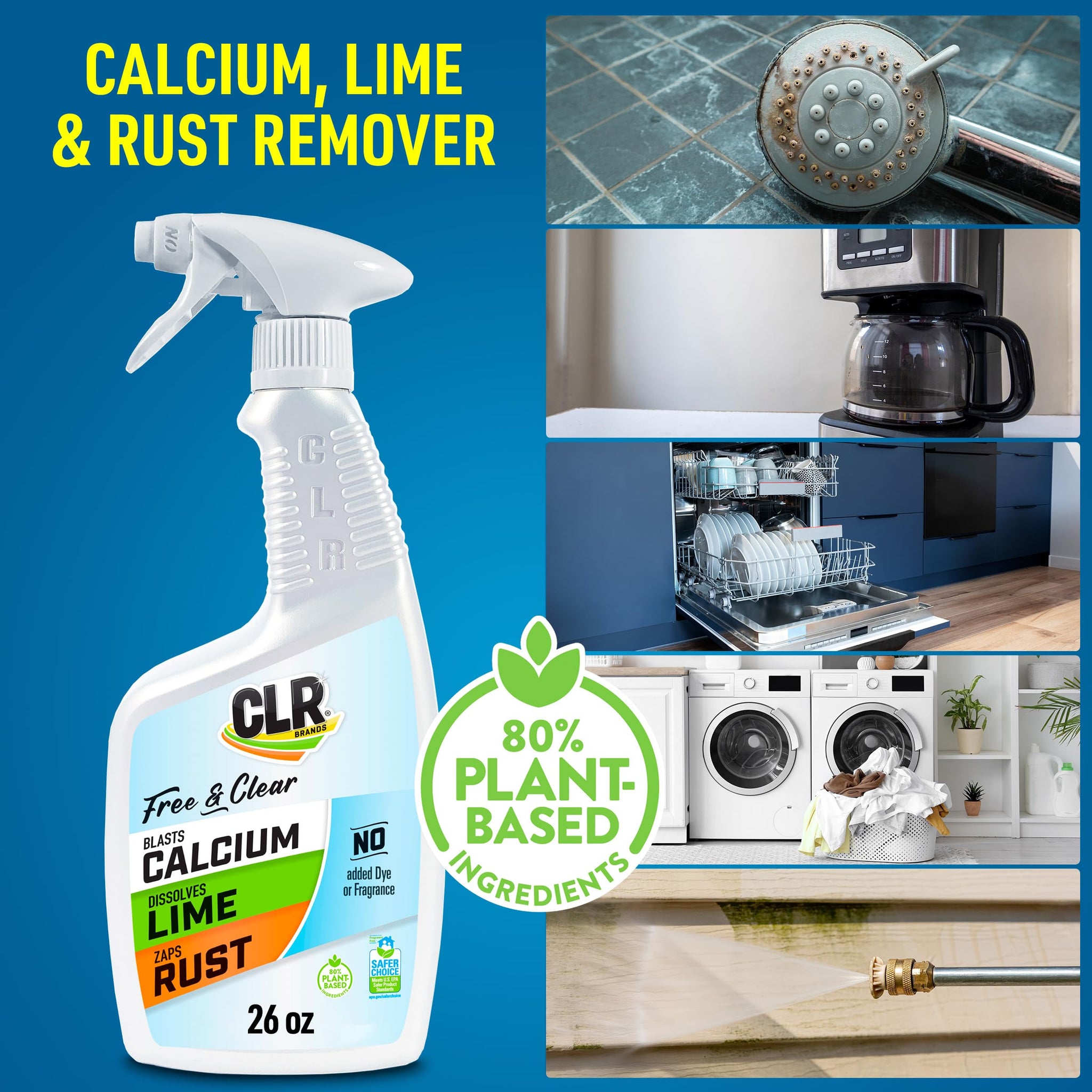 CLR Brands® Calcium, Lime & Rust Remover Free & Clear, No Dyes or Fragrances, Gentle Lime and Bathroom Descaler, Removes Hard Water Stains and Rust