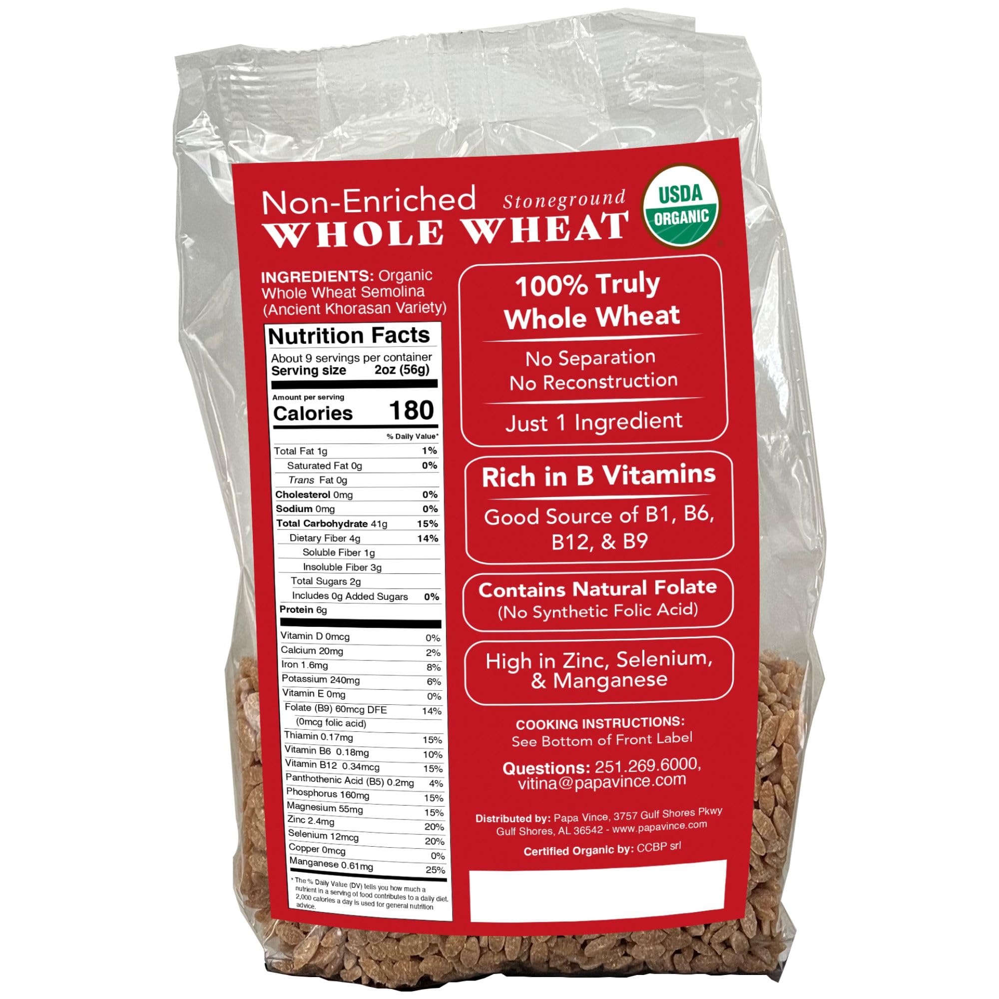 Papa Vince Organic Whole Wheat Non Enriched Orzo Pastina: Low Gluten Italian Pasta made in Italy from Organic Non GMO Khorasan Ancient Grain grown in