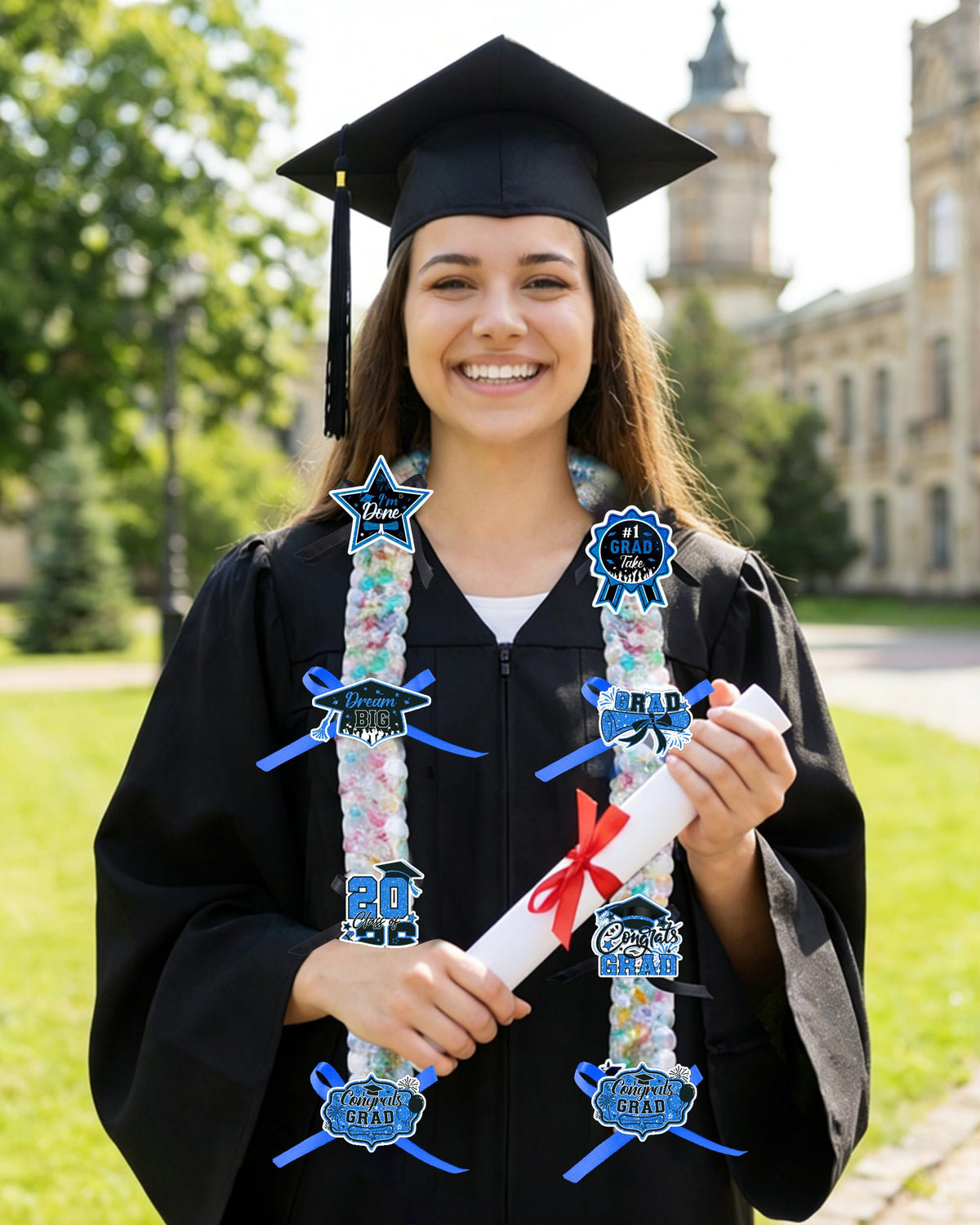 CRASHOT Graduation Candy Lei Making Kit, DIY 2026 Graduation Lei Gift Set with 12 Clear Bags, 3 Rolls Satin Ribbon (Royal Blue/Black/White), 6