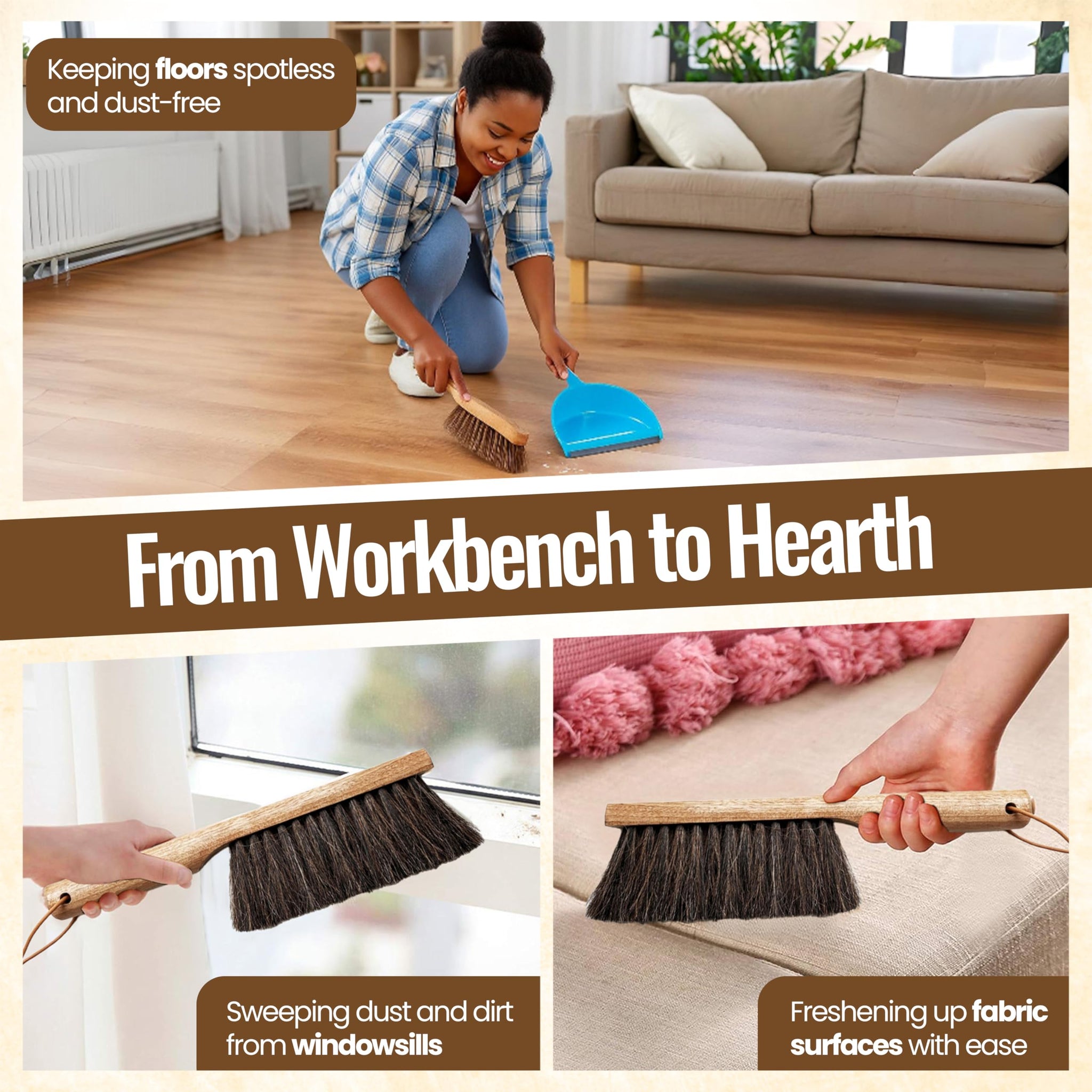 Dustpan Bench Woodworking Brush-USA 13 inch Horsehair Brushes are Used for Counter, Furniture, Drafting, Patio, Fireplace Cleaning, Shop Brush