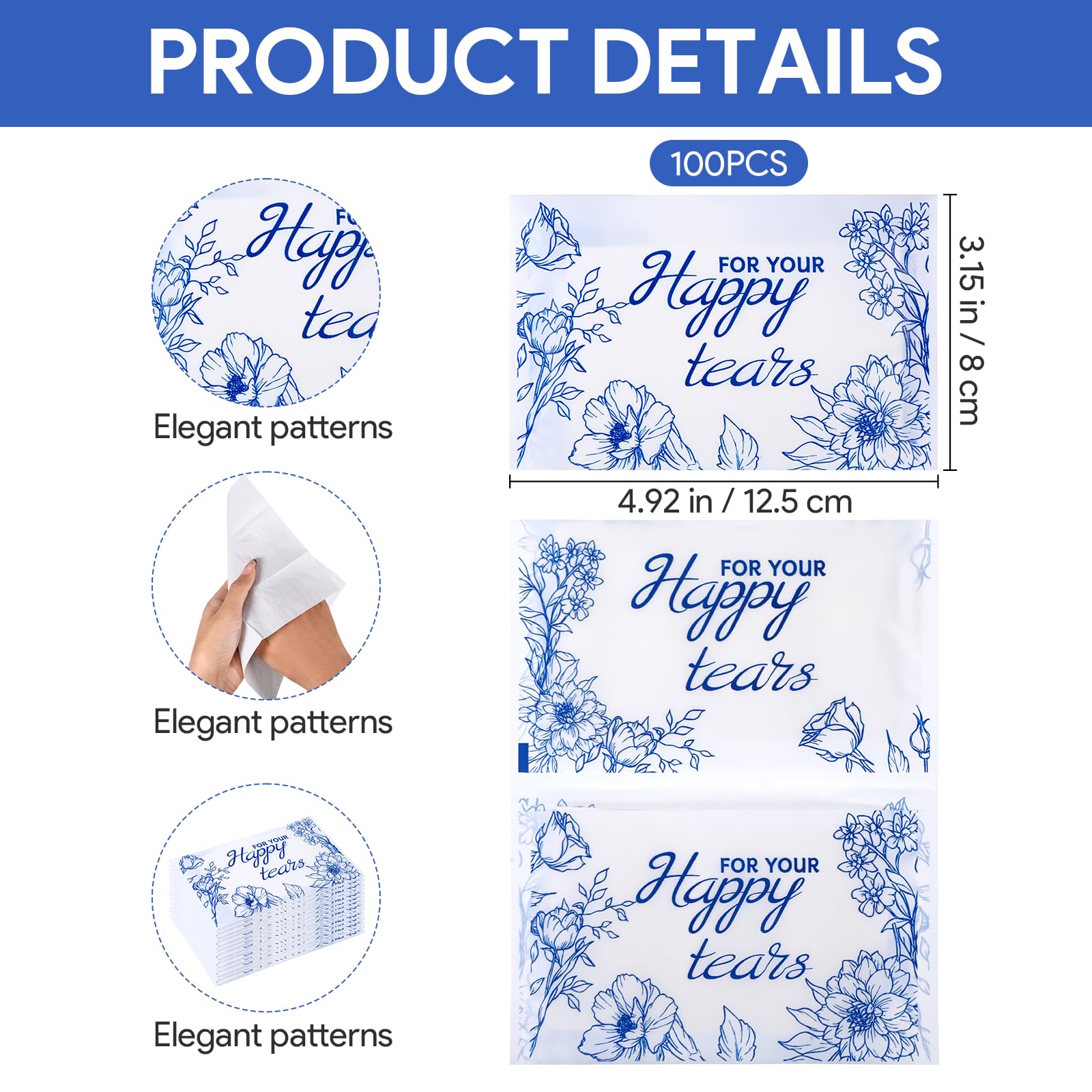 100 Packs Happy Tears Tissues for Wedding,3 Ply Wedding Tissues for Wedding Favors,Bulk Individual Tissues Packs for Wedding Welcome Bag