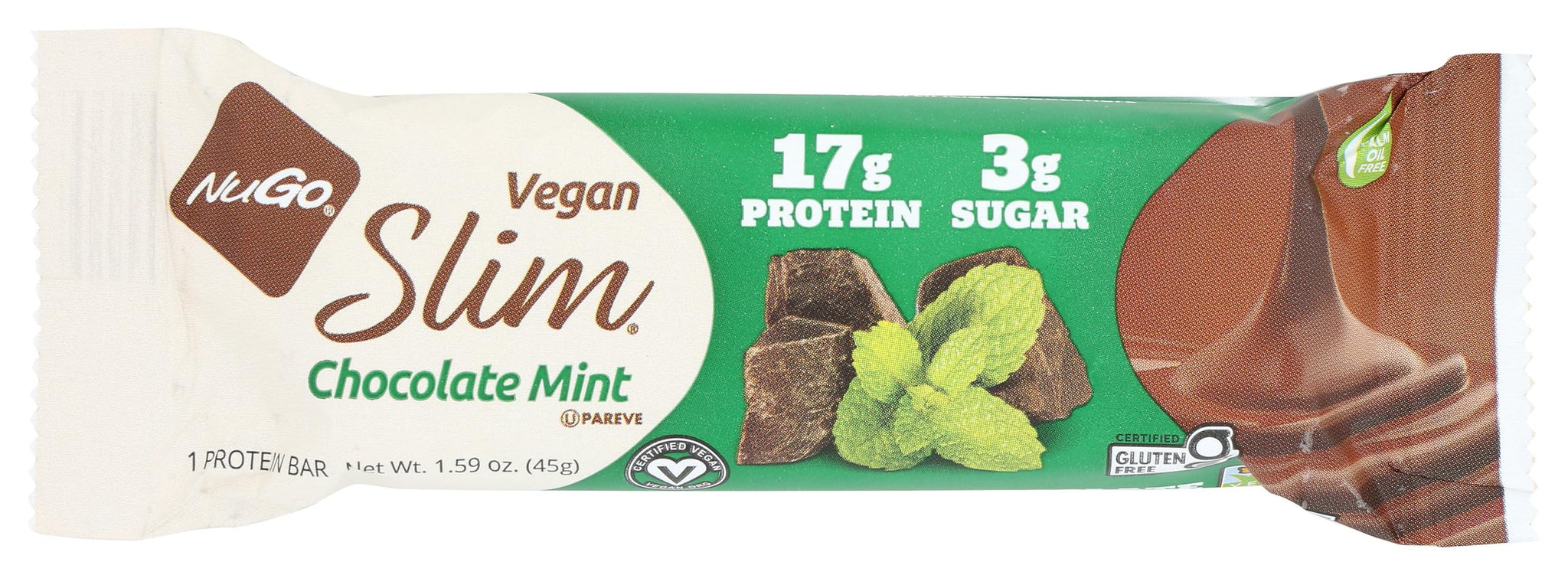 NuGo Slim Chocolate Mint, 17g Protein Bar, Vegan, Gluten Free, Non-GMO, Kosher, Keto Friendly, Low Carb, 1.59oz Bar