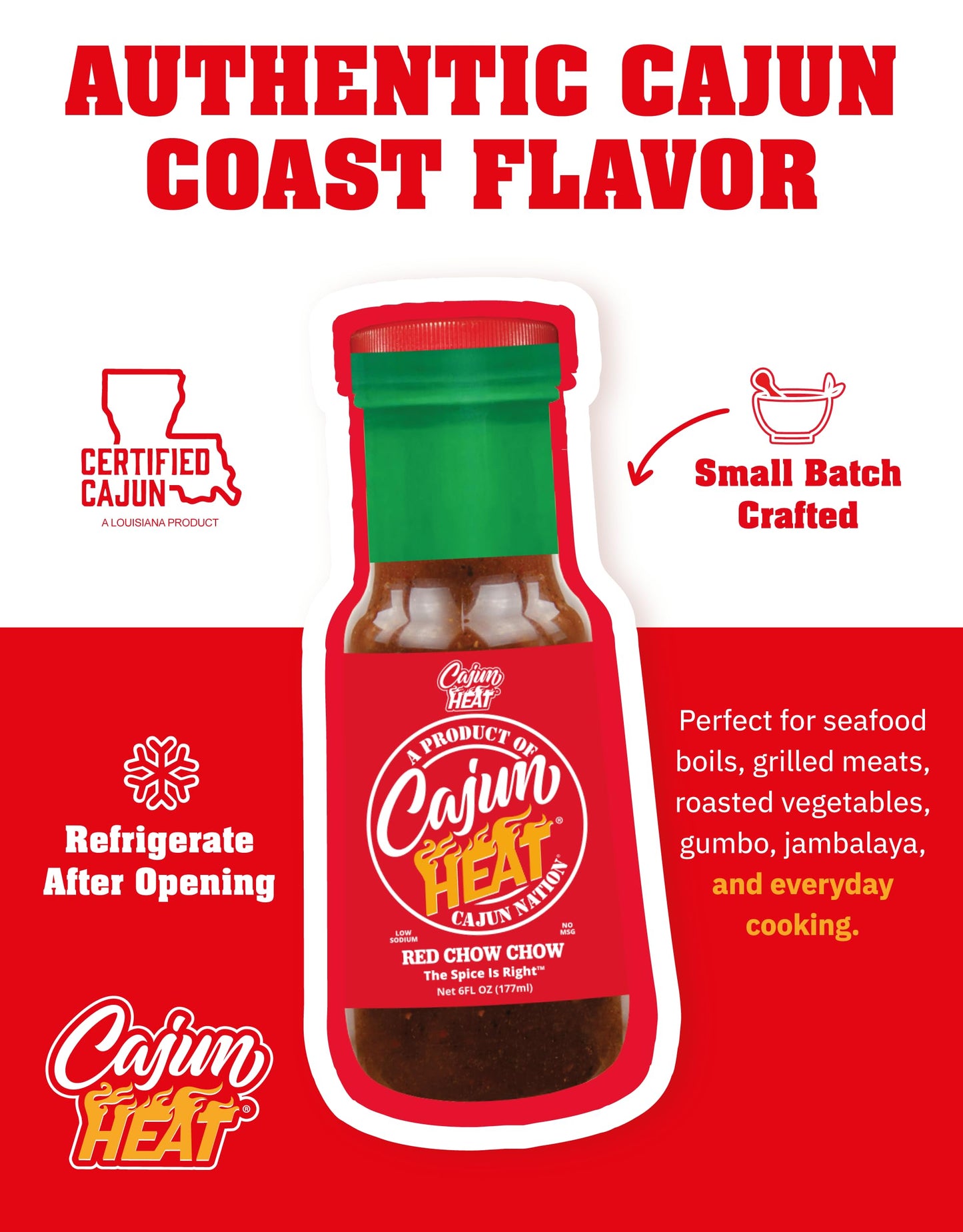 Cajun Nation CAJUN HEAT Red Chow Chow Relish 6oz - Crushed Red Pepper & Onion Spicy Relish, No MSG, Low Sodium- Sweet Hot Pepper Flavor from