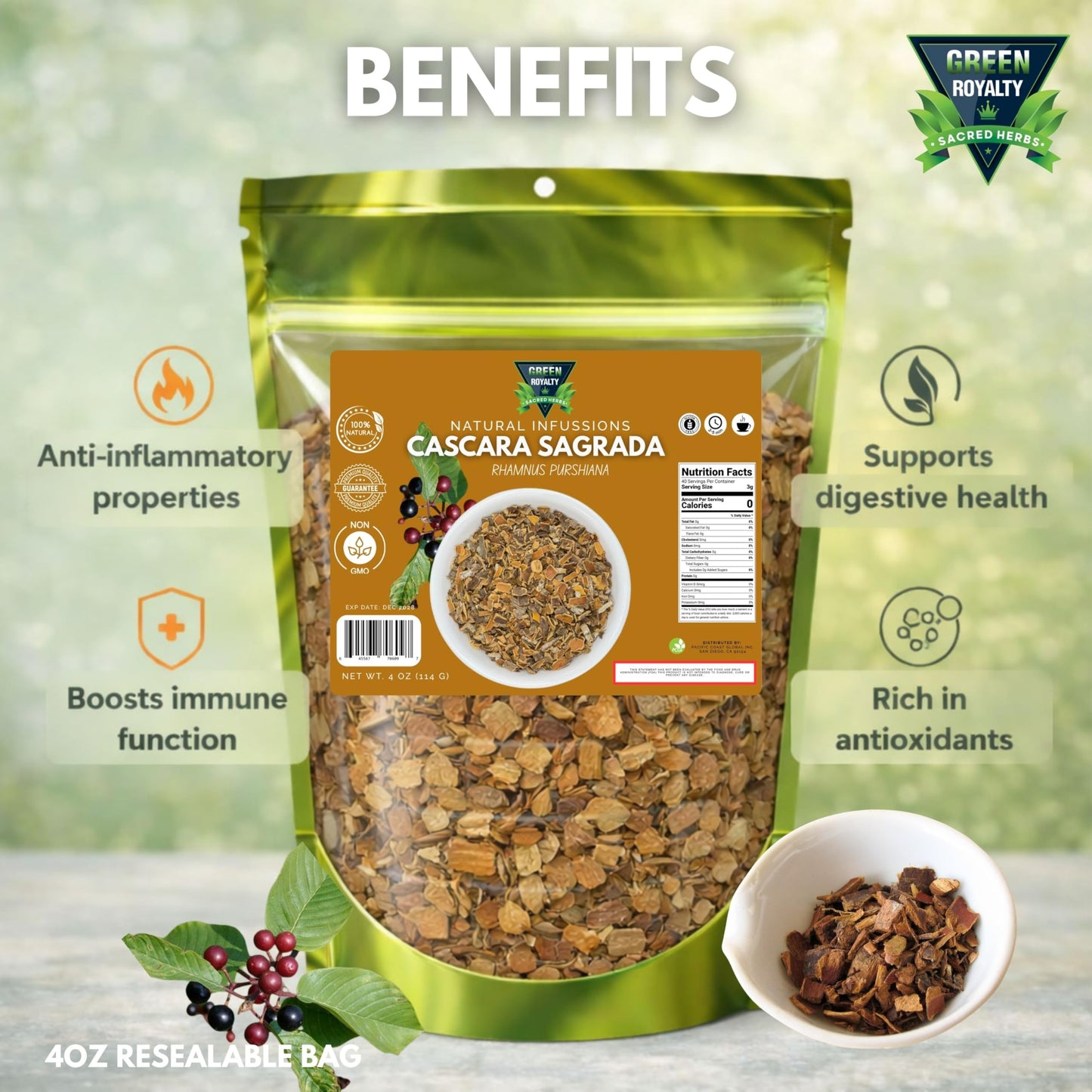 GREEN ROYALTY Cascara Sagrada Loose Tea Bark 4 oz (113g) | Rhamnus Purshiana | Wildcrafted Herbal Tea | Resealable Bag | 100% All Natural