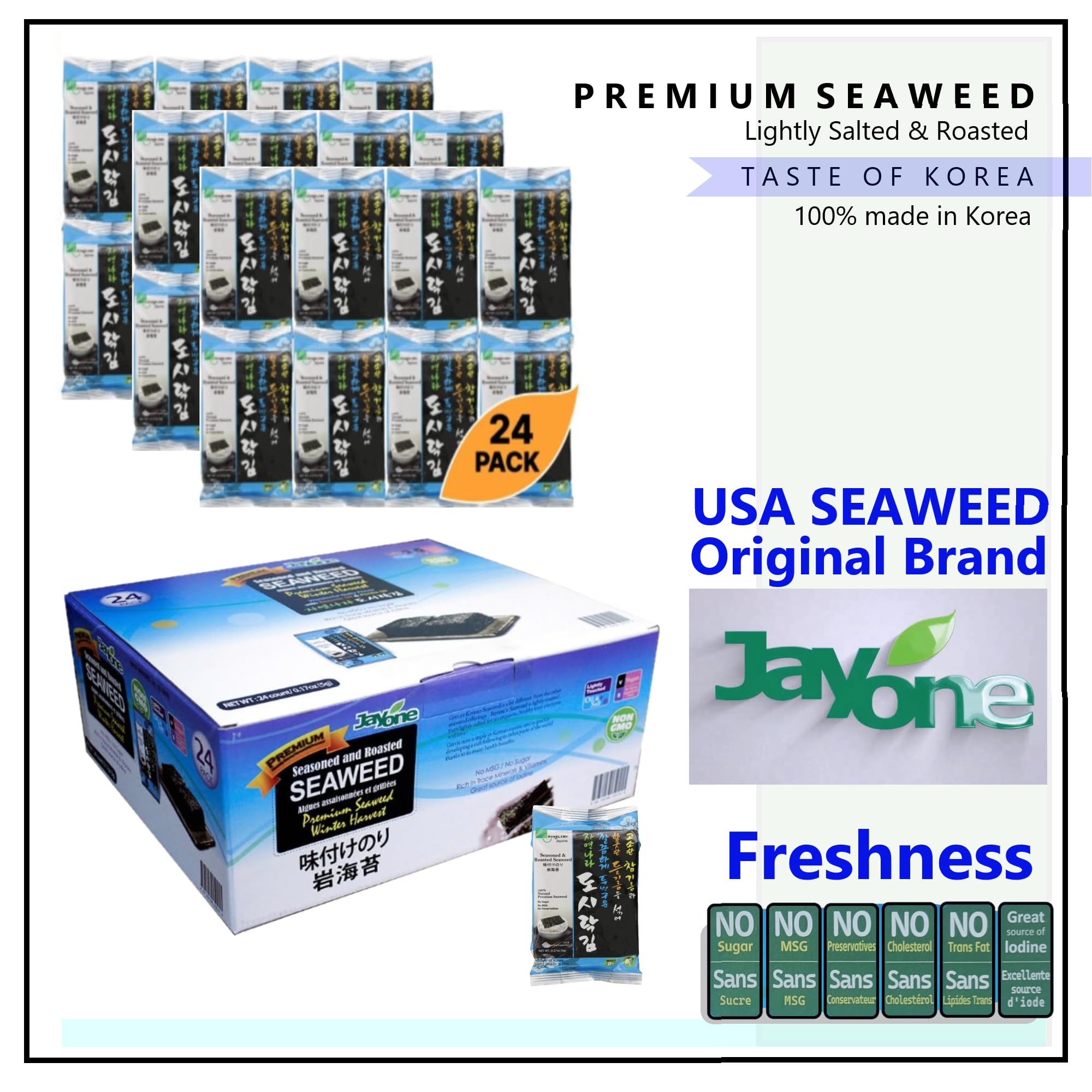 Jayone Seaweed Roasted and Lightly myFga Salted, 24 Count (4 Pack)
