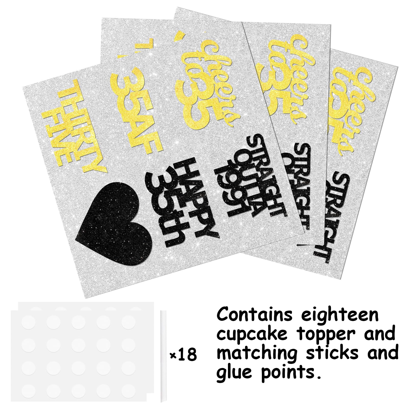 18pcs Black Gold Glitter Dessert Cupcake Pick for Straight Outta 1991 Cheer to 35 Years Old Theme Decor Supplies Happy 35th Birthday Party Decoration