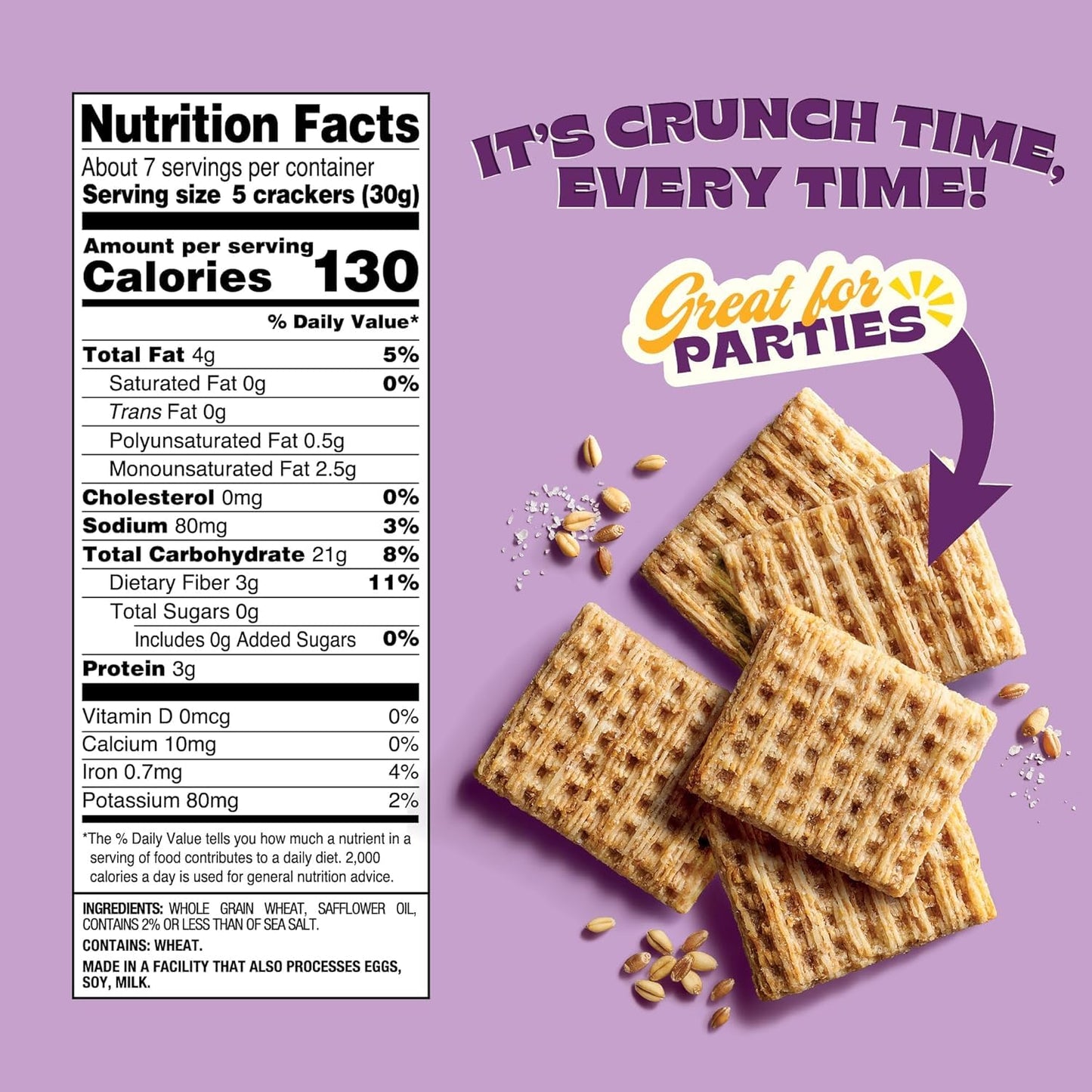 Back to Nature Harvest Whole Wheat Crackers, Non-GMO,Plant-Based Snack Cracker, Made with Whole Grain Wheat & Sea Salt, Snack Happy, 7 oz Box