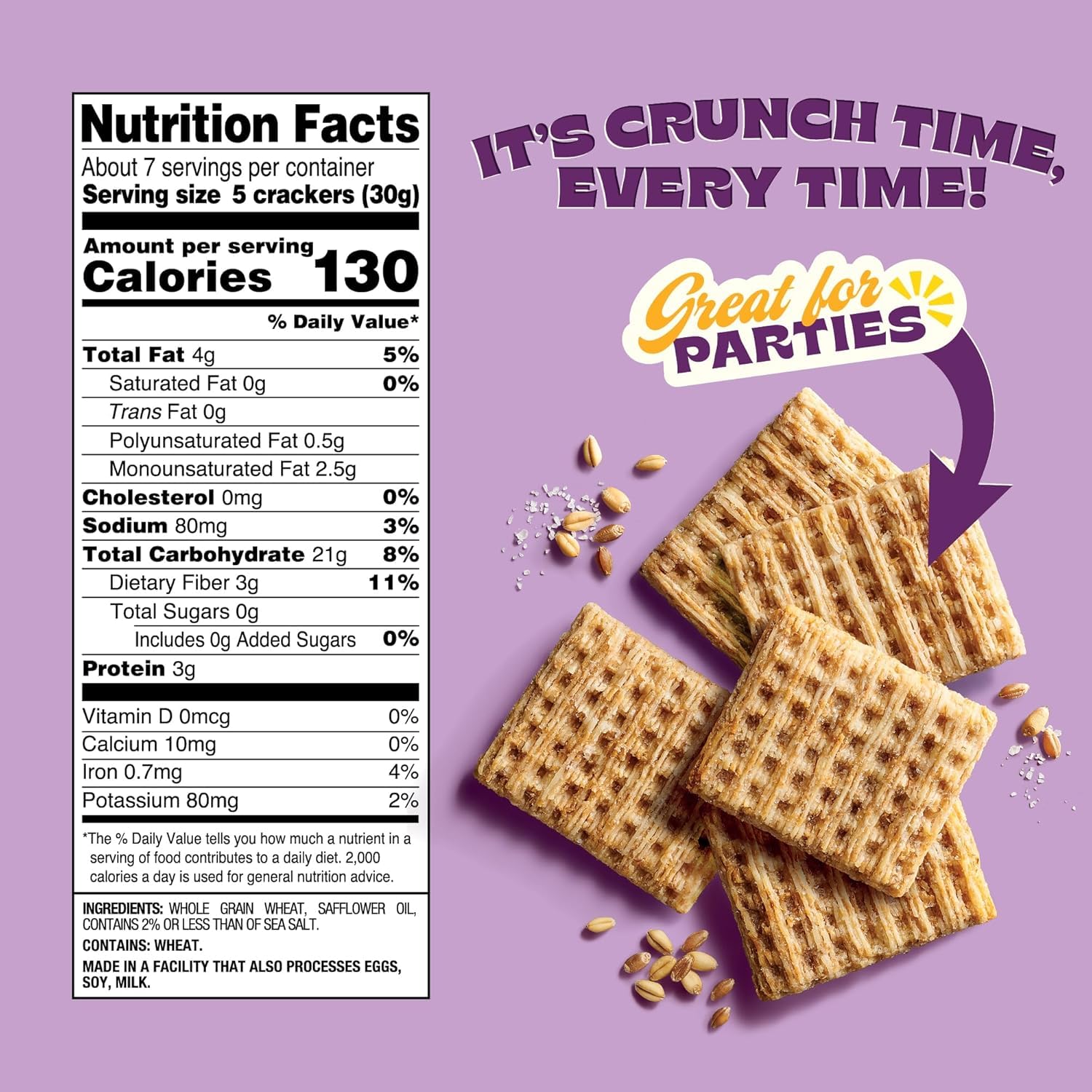 Back to Nature Harvest Whole Wheat Crackers, Non-GMO,Plant-Based Snack Cracker, Made with Whole Grain Wheat & Sea Salt, Snack Happy, 7 oz Box