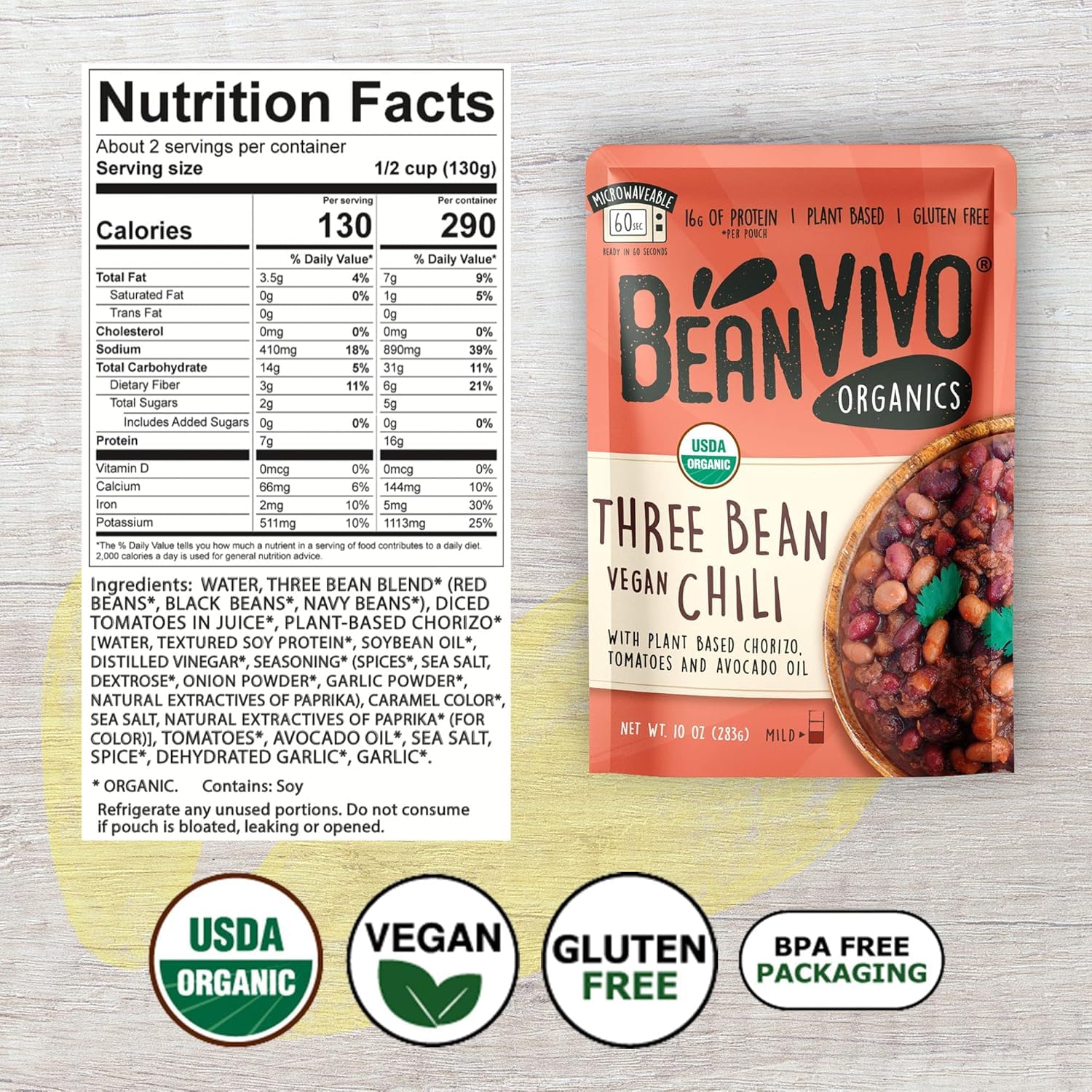 BeanVIVO (Pack of 12) Organics 16g Plant based Protein Three Bean Vegan Chili - Good Source of Fiber - Nutritious & Microwave Meals - Gluten-Free