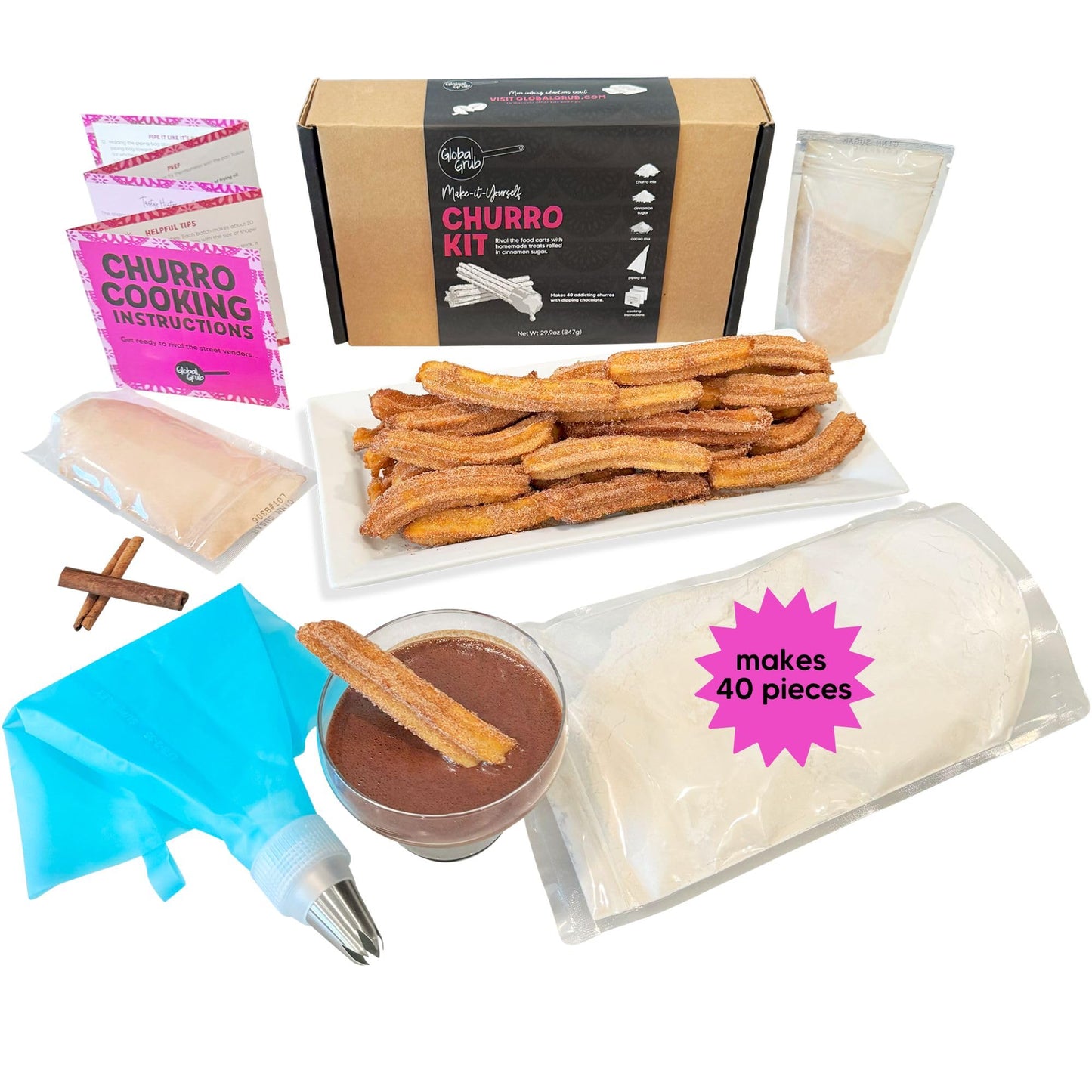 Global Grub DIY Churro Kit - Homemade Churro Kit Includes Churro Mix, Cinnamon Sugar, Chocolate Dipping Mix, Churro Piping Set, Cooking Instructions