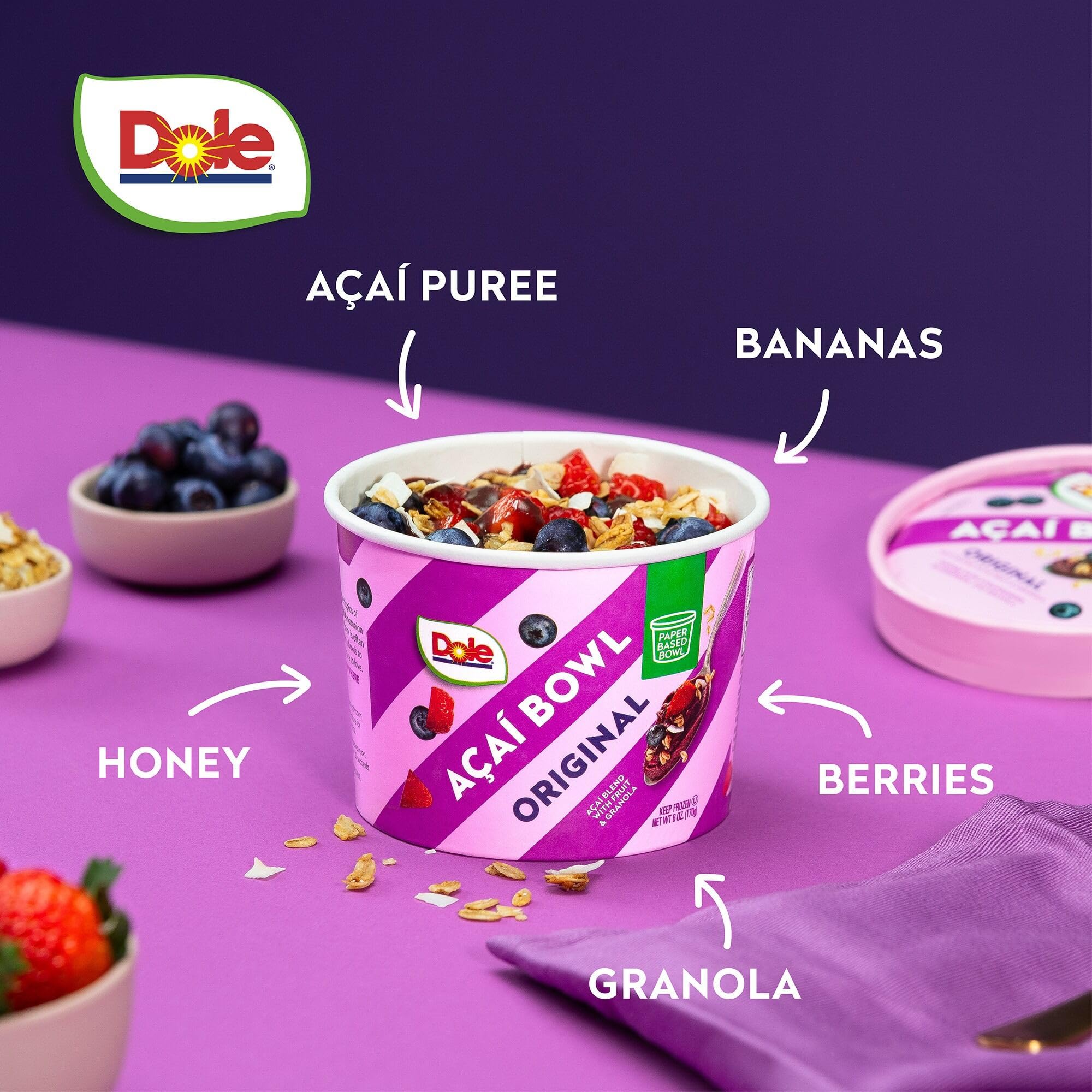 Dole Frozen Acai Bowl Original - Acai Blend with Fruit and Granola Topping - Paper-Based Bowl - 6 oz