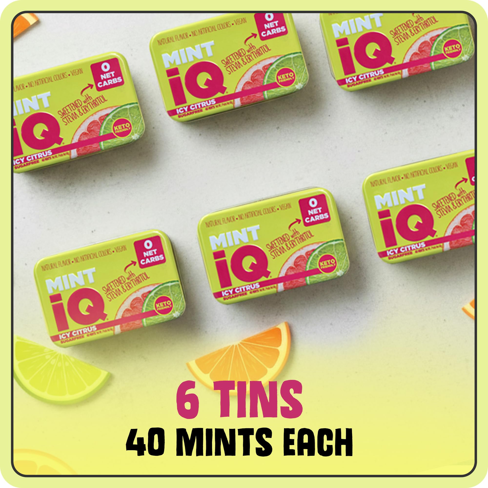 Big Sky MINT iQ Icy Citrus Mint Candy 40 grams Pack of 6 Tins in Display Tray - Travel Size Mint Candies Tin - Keto Friendly, Vegan & Natural Fruity