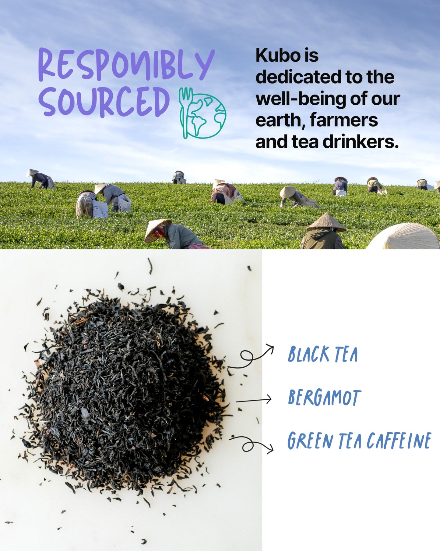 Kubo Earl Grey Tea Bags | Organic High Caffeine (155mg) Black Tea + Assam & Bergamot | 20 Pyramid Count | Caffeinated Tea for Clean Energy & Focus |